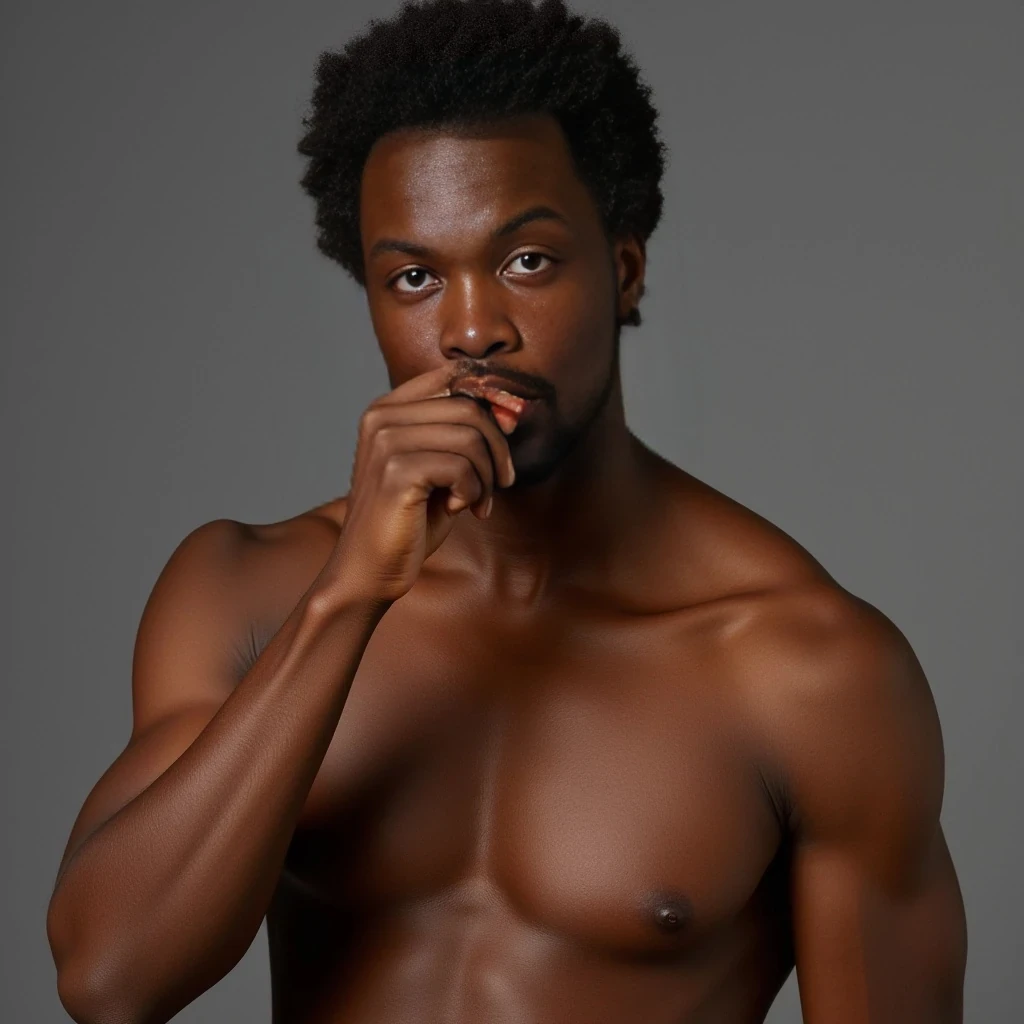 6foot 2 black male, brown eyes medium tight curled shape up high top hair, make naked, with an 8 pack, big arms, 10inch dick, holding his dick in his hand and biting his lip, 