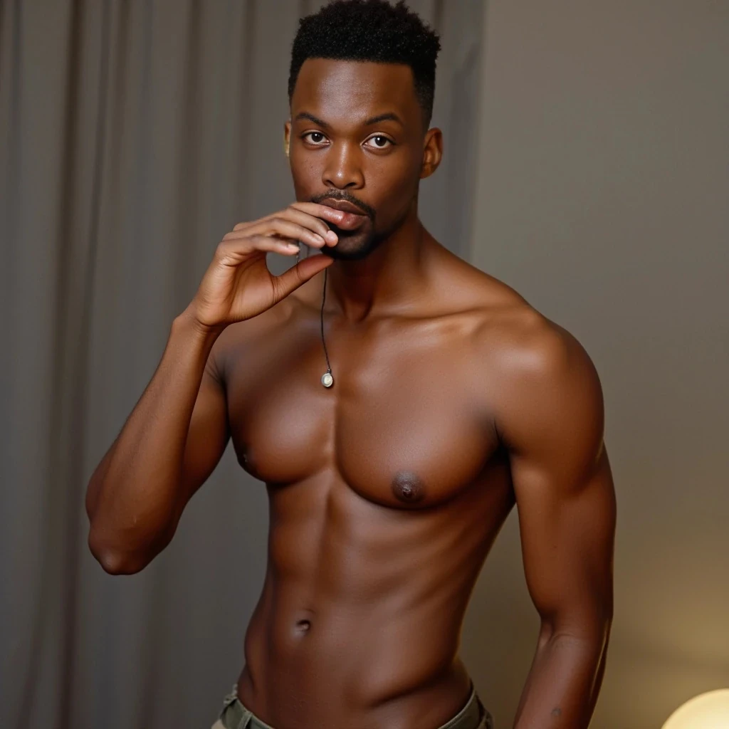 6foot 2 black male, brown eyes medium tight curled shape up high top hair, make naked, with an 8 pack, big arms, 10inch dick, holding his dick in his hand and biting his lip, 