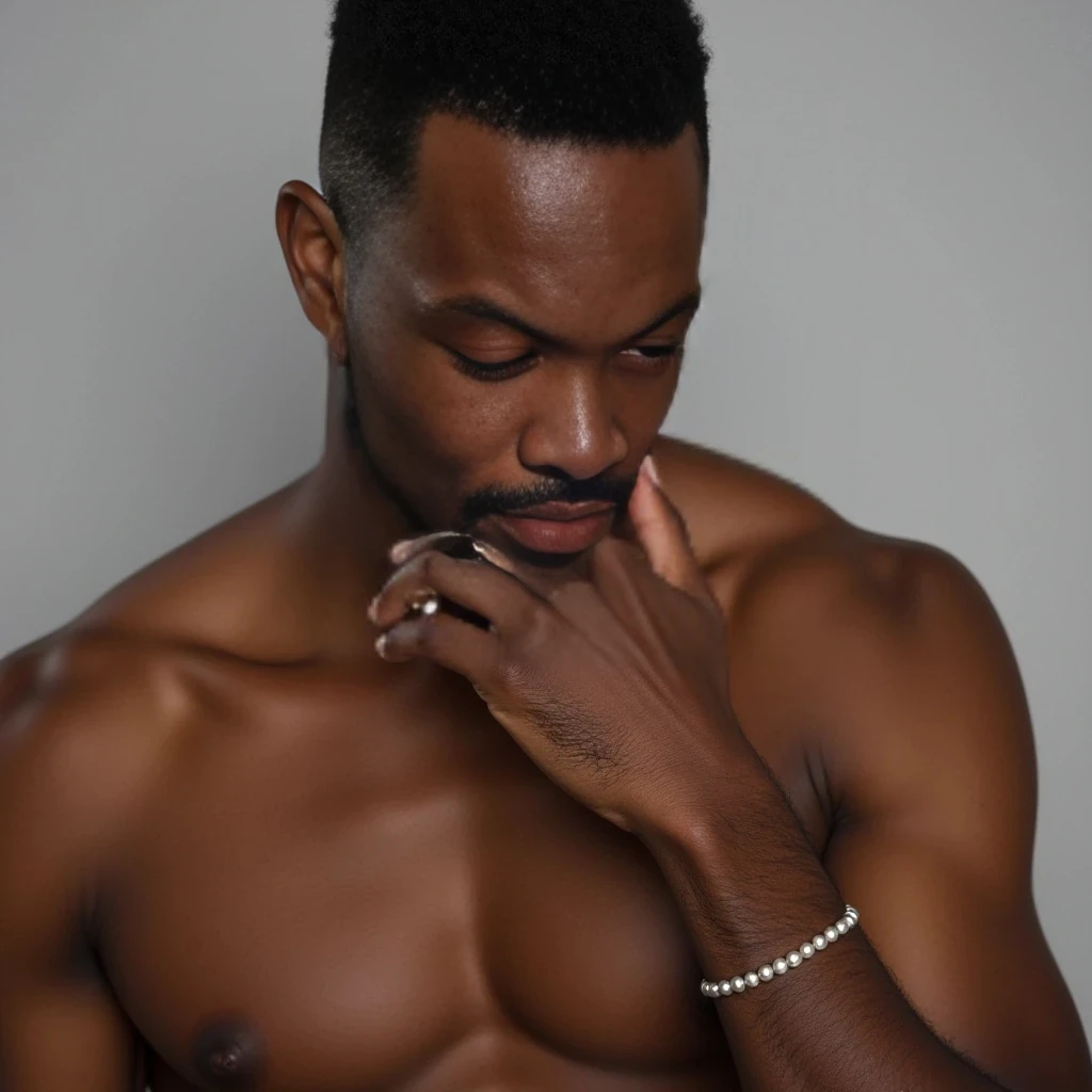 6foot 2 black male, brown eyes medium tight curled shape up high top hair, make naked, with an 8 pack, big arms, 10inch dick, holding his dick in his hand and biting his lip, 