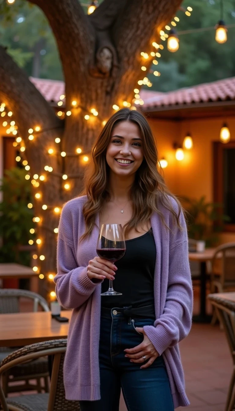 A full body shot photo of a woman standing outdoors at a cozy, warmly lit patio in the evening, with soft, glowing lights wrapped around a tree behind them creating a charming atmosphere. The image is rich in detail, with warm tones and clear textures throughout. also worn loose. She is smiling warmly at the camera, holding a glass of red wine in her right hand, and wears a soft-textured lavender cardigan over a black top. The background features a large tree with sparkling string lights wrapped around its trunk and branches, adding a magical touch to the scene. The setting suggests a private outdoor seating area, with elements like terracotta-tiled roofing, greenery, and rattan chairs contributing to a serene, inviting vibe. The overall composition is balanced, with the woman framed against the softly glowing tree, and the lighting enhances the warm, intimate feel of a quiet evening shared among friends. The details are vivid, with textures of clothing, skin, and background elements clearly visible, while the warm lighting creates a relaxed and joyful mood