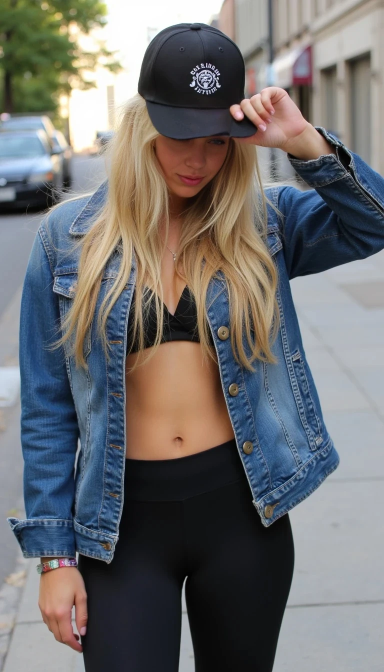 Casual photo, blonde sexy girl stood in street with a cap on, hand on cap facing down. Wearing unbuttoned denim jacket so you can see her brah and leggings, Normal iPhone quality picture 