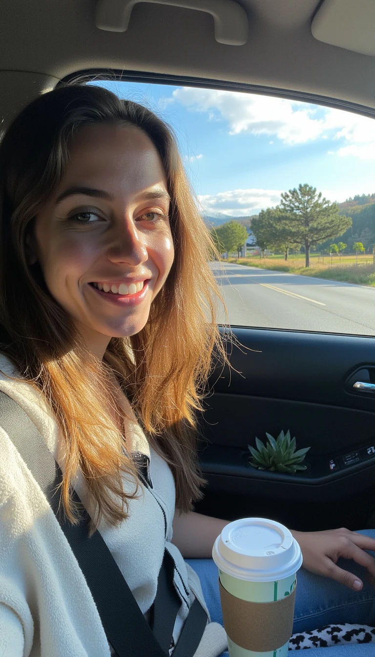 boring low quality snapchat photo circa 2015, A young woman with a warm smile, sitting in the driver's seat of a cozy car. She has soft, wavy brown hair cascading past her shoulders. The sunlight streams through the window, casting a gentle glow on her face. The interior of the car is neat and comfortable, with a coffee cup in the cup holder and a small plant on the dashboard. The background outside the window shows a scenic road lined with trees and blue skies