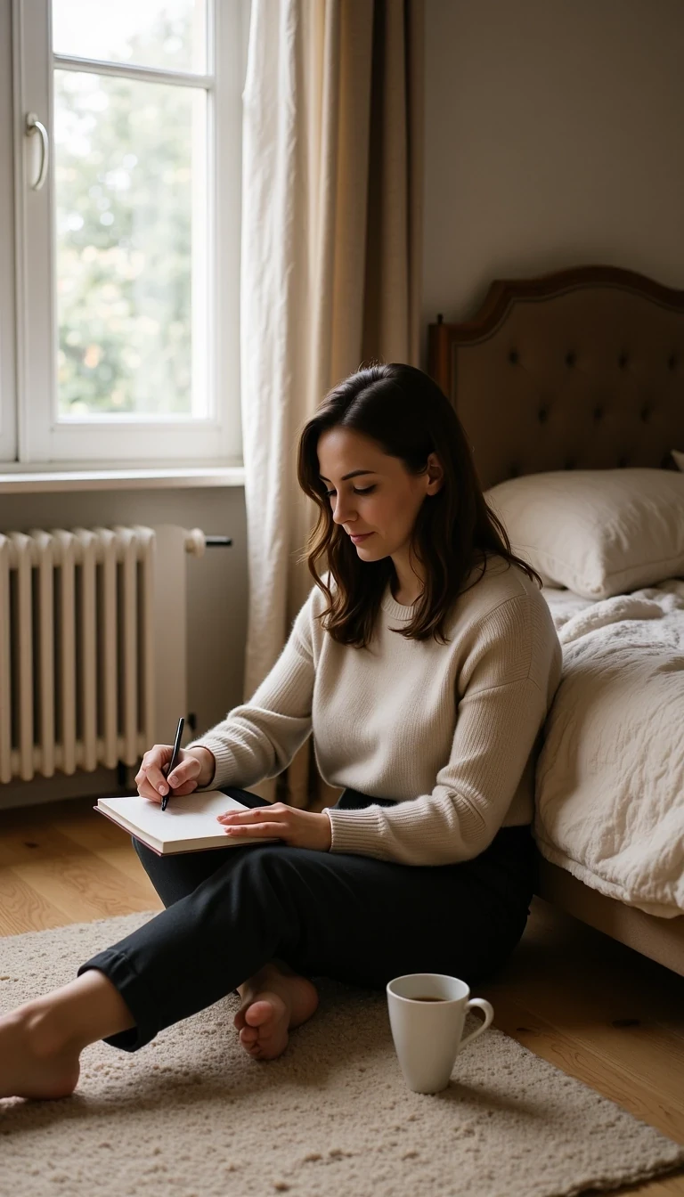 Indoor scene of woman sitting on floor next to her bed, journaling in a notebook, cup of tea beside her, peaceful mood, CSTMDL woman
