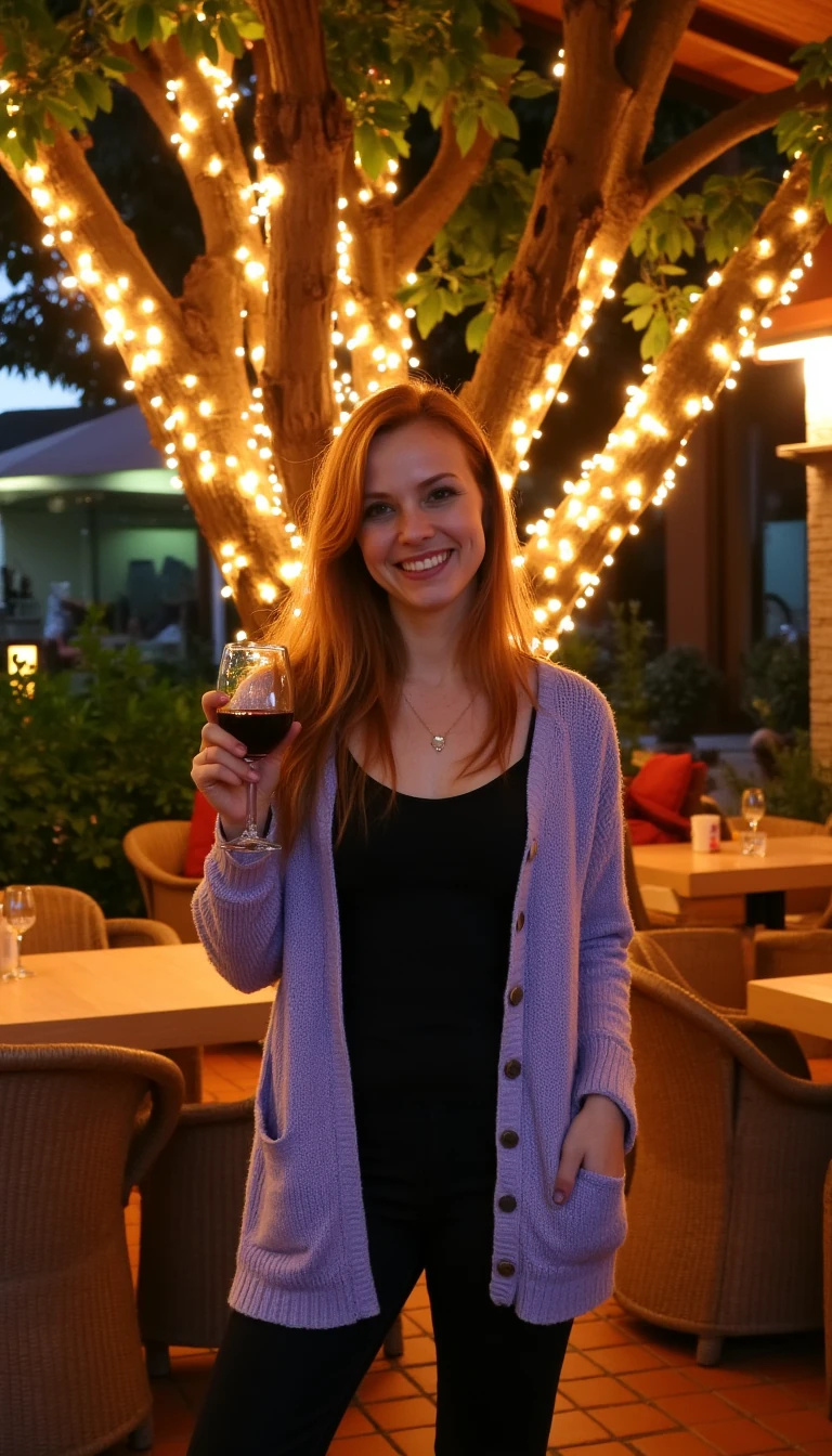 A full body shot photo of a woman standing outdoors at a cozy, warmly lit patio in the evening, with soft, glowing lights wrapped around a tree behind them creating a charming atmosphere. The image is rich in detail, with warm tones and clear textures throughout. The woman has fair skin, a slim build, and long reddish-blonde hair, also worn loose. She is smiling warmly at the camera, holding a glass of red wine in her right hand, and wears a soft-textured lavender cardigan over a black top. The background features a large tree with sparkling string lights wrapped around its trunk and branches, adding a magical touch to the scene. The setting suggests a private outdoor seating area, with elements like terracotta-tiled roofing, greenery, and rattan chairs contributing to a serene, inviting vibe. The overall composition is balanced, with the woman framed against the softly glowing tree, and the lighting enhances the warm, intimate feel of a quiet evening shared among friends. The details are vivid, with textures of clothing, skin, and background elements clearly visible, while the warm lighting creates a relaxed and joyful mood
