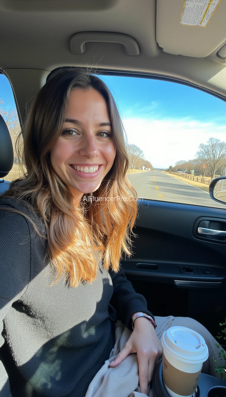 boring low quality snapchat photo circa 2015, A young woman with a warm smile, sitting in the driver's seat of a cozy car. She has soft, wavy brown hair cascading past her shoulders. The sunlight streams through the window, casting a gentle glow on her face. The interior of the car is neat and comfortable, with a coffee cup in the cup holder and a small plant on the dashboard. The background outside the window shows a scenic road lined with trees and blue skies