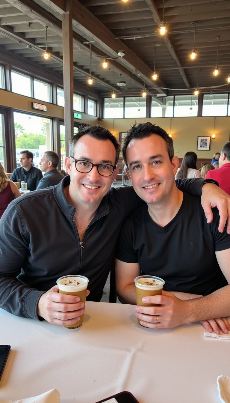 Medium shot photo of two men sitting closely together at a restaurant table, both holding drinks in a casual, friendly pose. The man on the left has light skin, short brown hair, and wears glasses with a warm smile, dressed in a dark zip-up jacket over a collared shirt. The man on the right has a medium tan skin tone, dark wavy hair, and a relaxed expression, wearing a black T-shirt with a visible arm sling. They sit side by side, leaning slightly towards each other, suggesting camaraderie, with their arms resting on the white-clothed table, which has drinks, a menu, and utensils scattered across it. The background features an expansive indoor space with high ceilings, exposed metal beams, and large windows allowing bright natural light to fill the area. The restaurant ambiance is lively, with other patrons visible in the background, creating a bustling yet comfortable atmosphere. The overall lighting is bright, diffused through the windows, giving a soft glow to the scene, emphasizing the warm, friendly interaction between the two men.