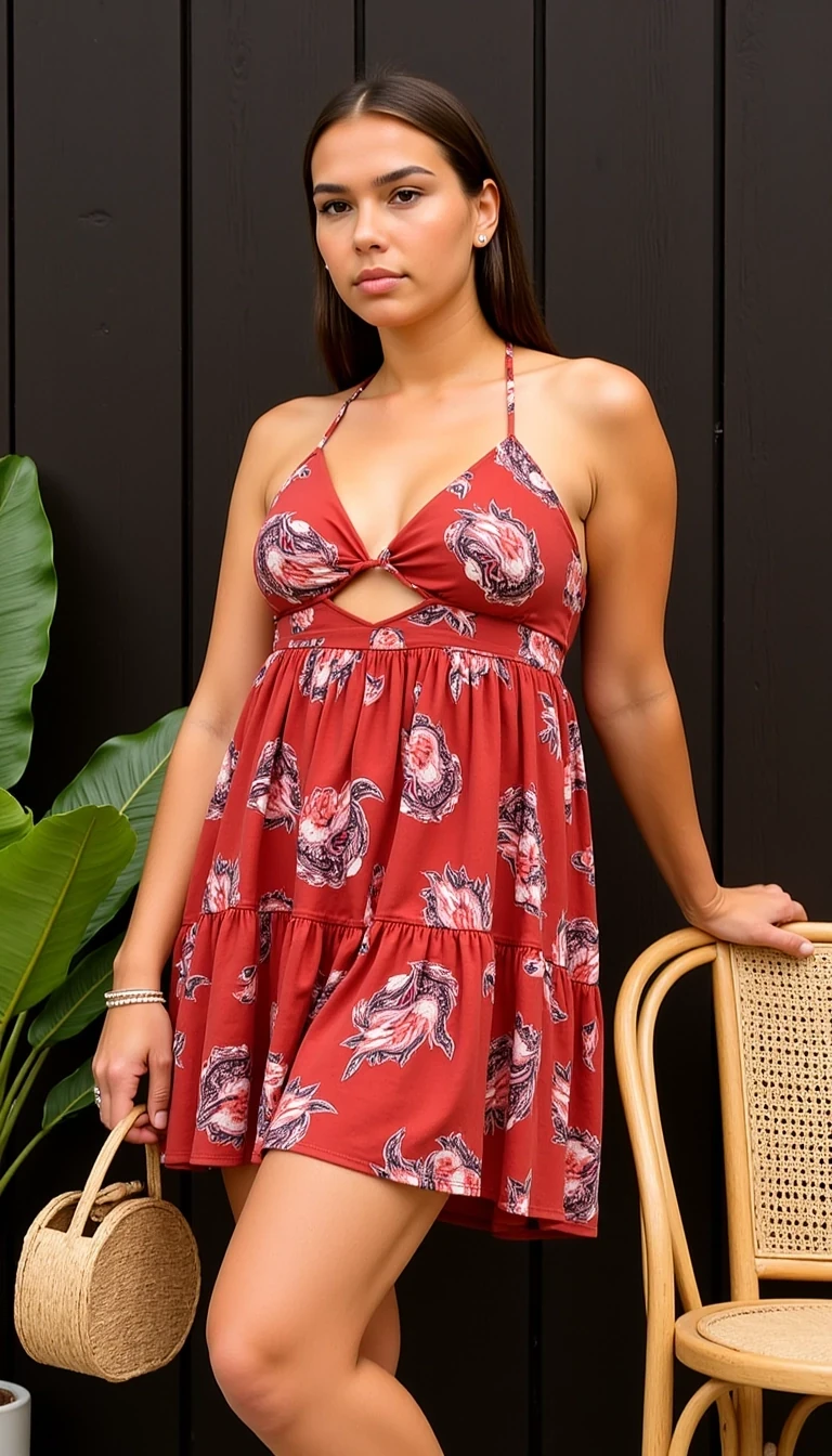 photo of a CSTMDL 
hourglass figure, featuring full breasts, a slim waist, rounded hips.
Scene/Background
The photo is taken outdoors, featuring a dark wooden wall as the backdrop. A woven chair with a natural cane seat is visible on the right, while green plant leaves peek in from the lower left corner, adding a fresh, tropical touch to the composition. The setting feels casual and relaxed, blending natural and crafted textures.
Position
The subject is standing slightly angled, with one arm resting on the chair and the other holding a straw bag. The close-up perspective frames her torso and legs, focusing attention on her outfit and accessories. Her posture is confident yet casual, creating a flattering composition.
Clothing
She is wearing a sleeveless, deep-cut halter dress in a rich red hue with floral and paisley-style patterns. The fabric flows lightly with a tiered skirt, giving a feminine and summery vibe.
Lighting
Natural daylight illuminates the scene evenly, highlighting the warm tones of the outfit and wooden textures around. The lighting is soft, without harsh shadows, enhancing the lively and fresh feel of the photo.
Vibe
The atmosphere is relaxed and summery, with a hint of bohemian charm. The outfit and accessories suggest a carefree, stylish mood perfect for warm weather or a vacation setting.