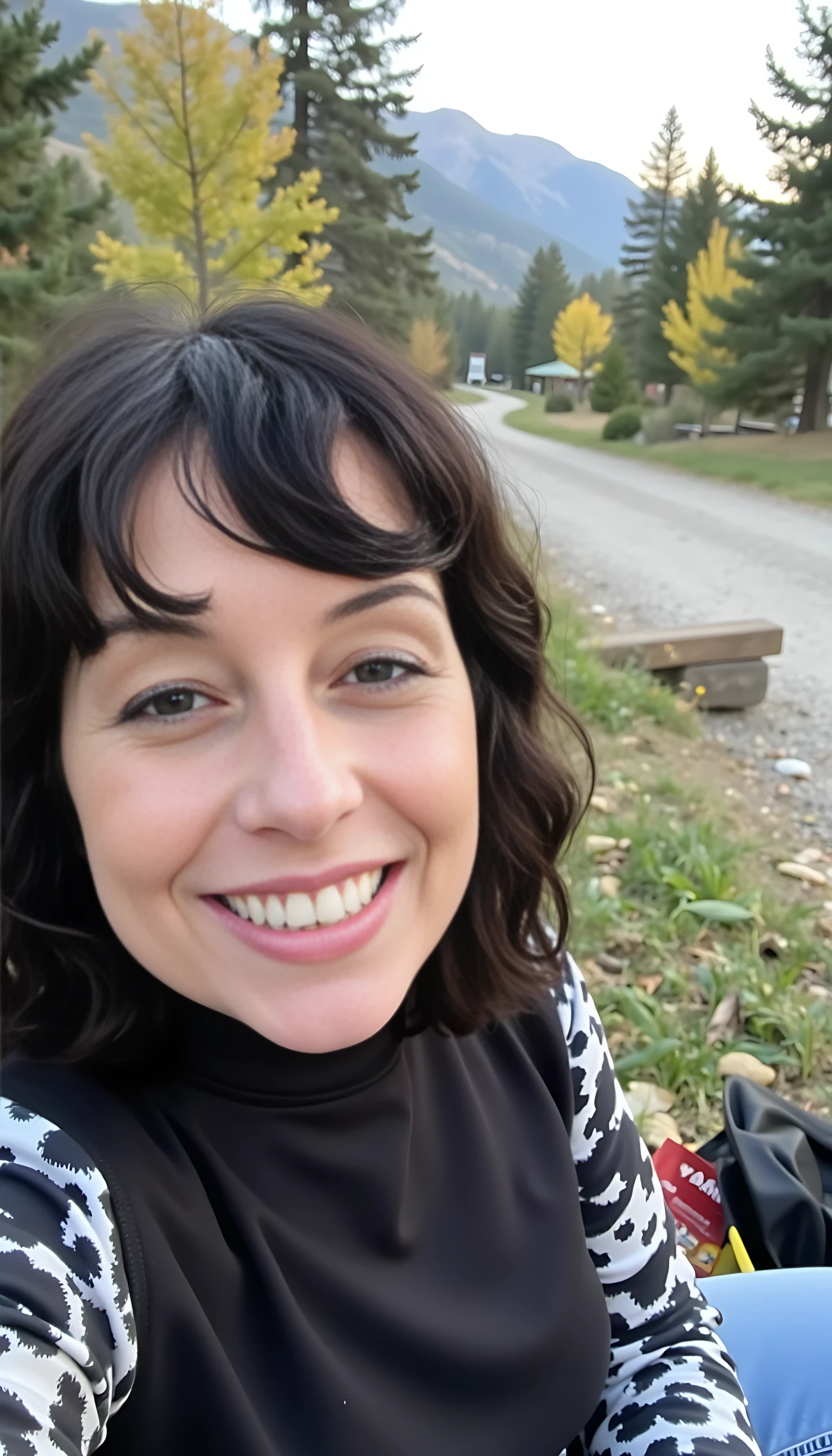 iphone portrait of CSTMDL woman thirty five years old Bob length hair hair makeup bangs cute smile brown eyes and sitting in middle of woods next to creek “wizard”  mountains background shopping bags 