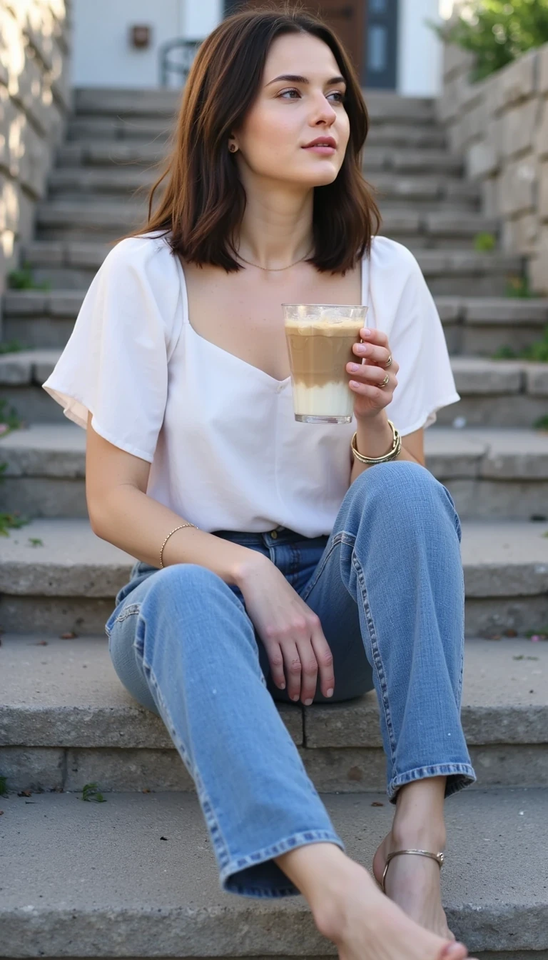 Alice in Sitting casually on stone steps with iced latte, denim jeans, white blouse, effortless natural beauty, soft daylight. CSTMDL