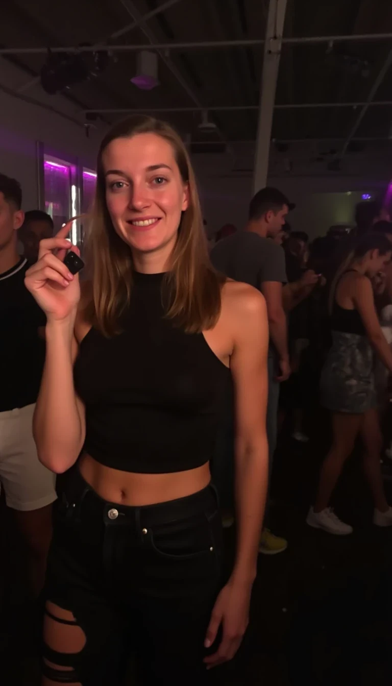 boring low quality snapchat photo circa 2015, woman CSTMDL model at techno party in berghain night club in berlin. at night. the woman CSTMDL model wears a black high neck tanktop. and ripped black jeans.