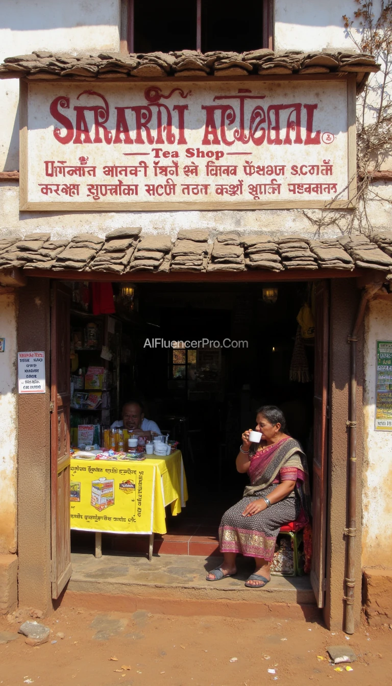 a shop with Its shop name - Saranya Gopal's Tea shop , the name of the shop is Saranya Gopal's Tea stall - a local indian tea shop in a village probably in taminadhu with 2 village people drinking tea inside the shop 