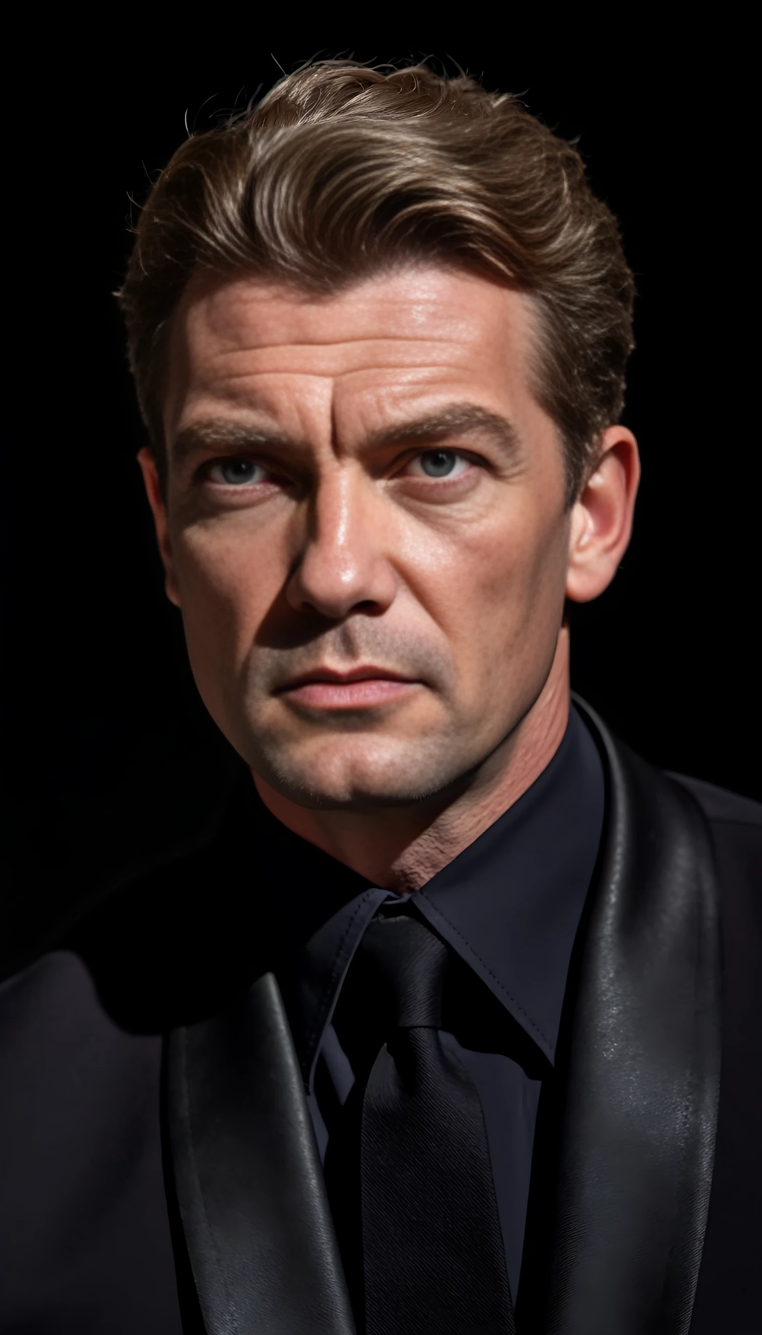photo of man, 45-year-old, of average height, slender, muscular but not in a prominent way.
Brown, with short salt and pepper hair, as well as his well-trimmed beard, always impeccable, he has piercing and inquisitive blue eyes as well as a prominent nose. His features are angular, as if cut with a billhook, without concession. A small scar runs from above his left eyebrow to his left cheekbone.
Discreet, he prefers dark outfits, black or a very dark eggplant purple which allows him to react at the drop of a hat if necessary. He is nevertheless very elegant and emanates an authority and an aura of fear. He will only wear his ceremonial costume if necessary.