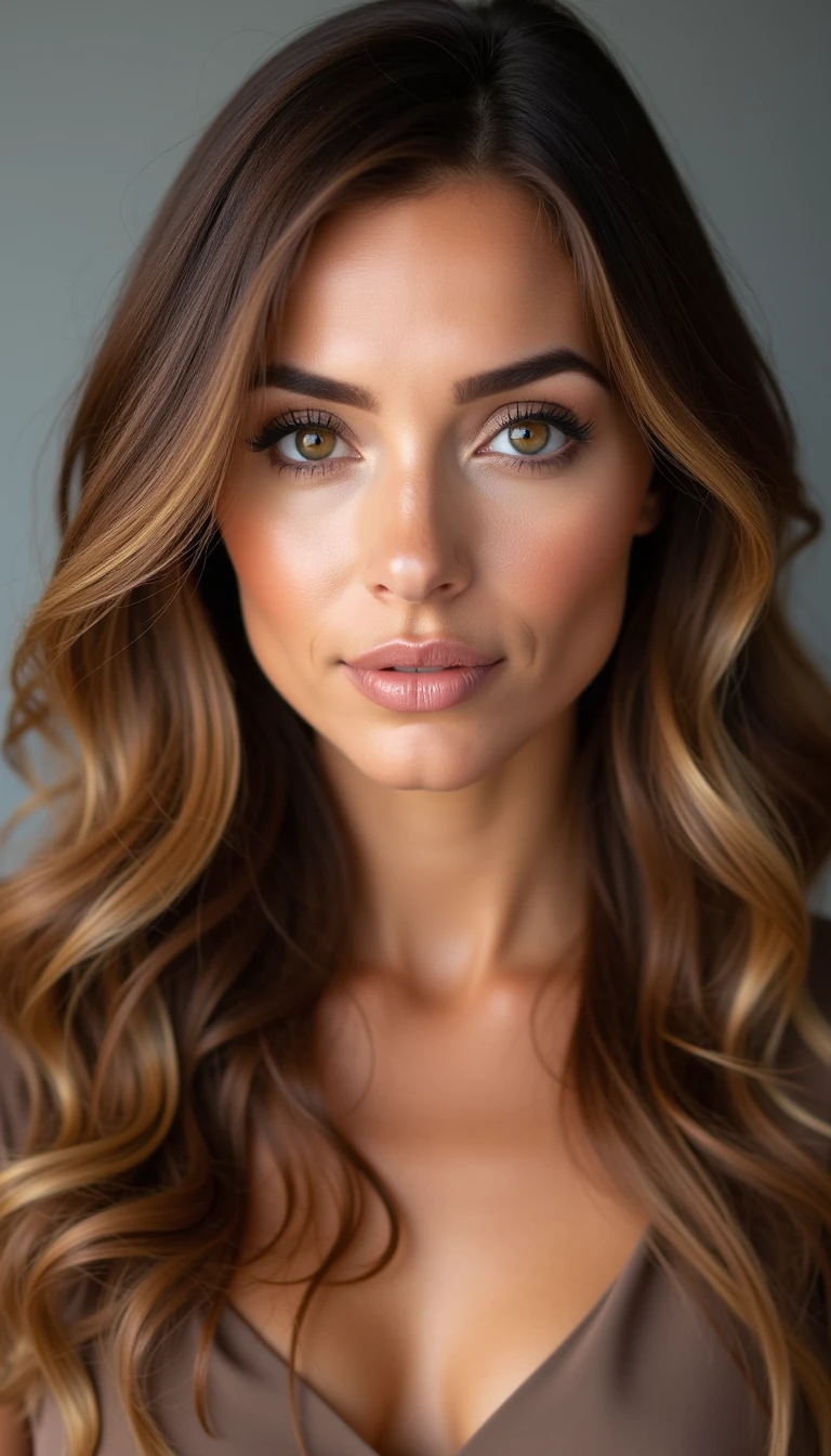 score_9, photorealistic portrait of an attractive mature woman in her mid-forties, heart-shaped face, hazel eyes, chestnut brown hair with golden highlights, long soft waves, natural makeup, neutral studio background, 85mm lens, high-end editorial