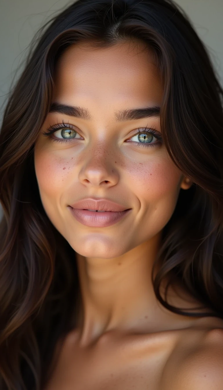CSTMDL, A hyper realistic closeup face portrait of Lily, stunning 19-year-old woman with radiant olive-toned skin and a natural deep tan, long layered silky dark brunette hair, slightly upturned almond-shaped light blue eyes, a delicate straight nose, full lips, and soft feminine asymmetrical facial features with faint freckles, neutral background, perfect lighting, vibrant colors, professional camera, passport picture, crystal clear