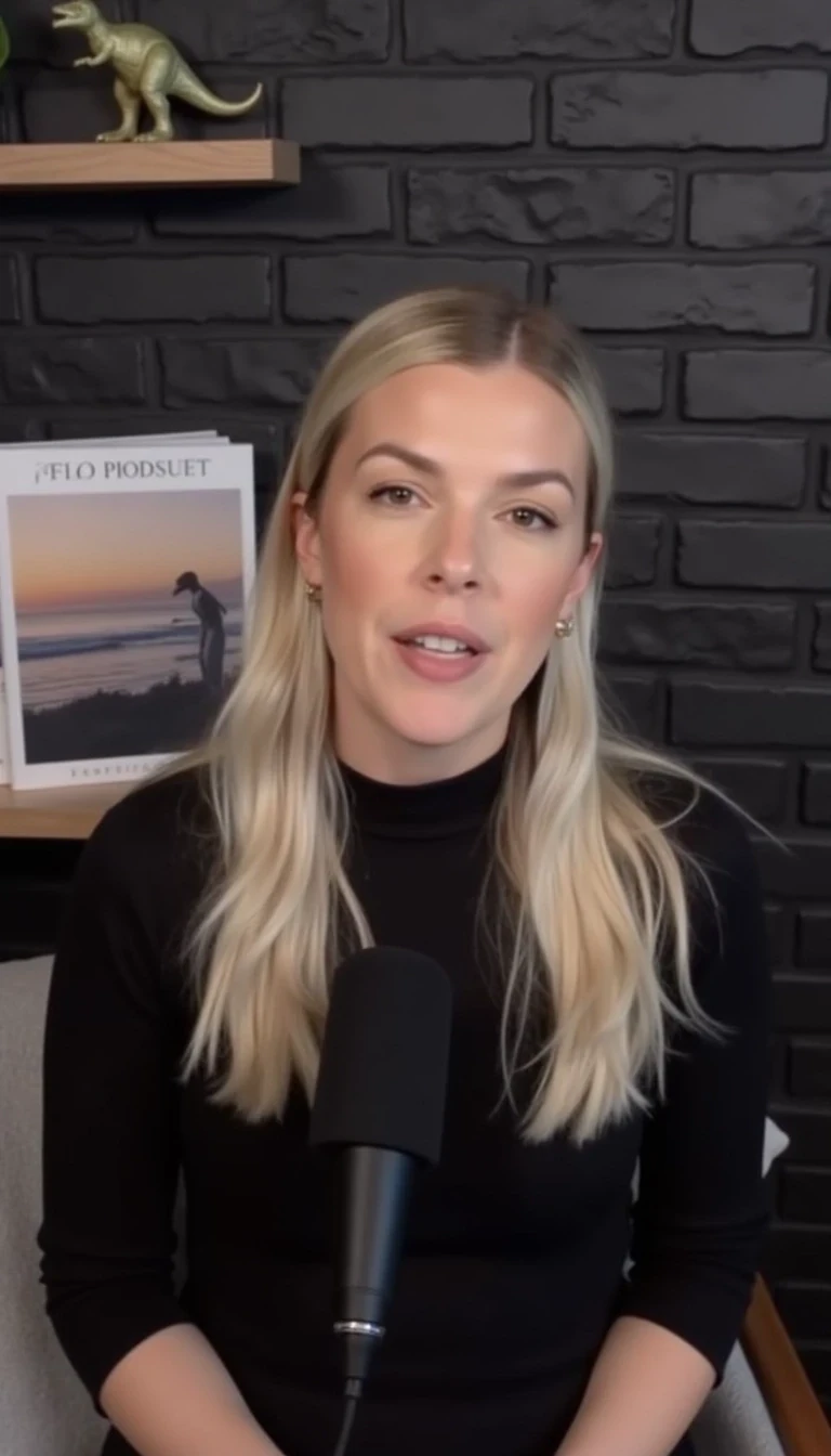 A woman with blonde hair pulled back, is speaking into a microphone. The background features a dark brick wall and a shelf with books and decorative items, including a small dinosaur figure and a picture of a serene landscape on a book cover. The setting appears to be a cozy, modern podcast studio with soft lighting. She is wearing a black bodysuit. You can see her full body as she sits in a chair.