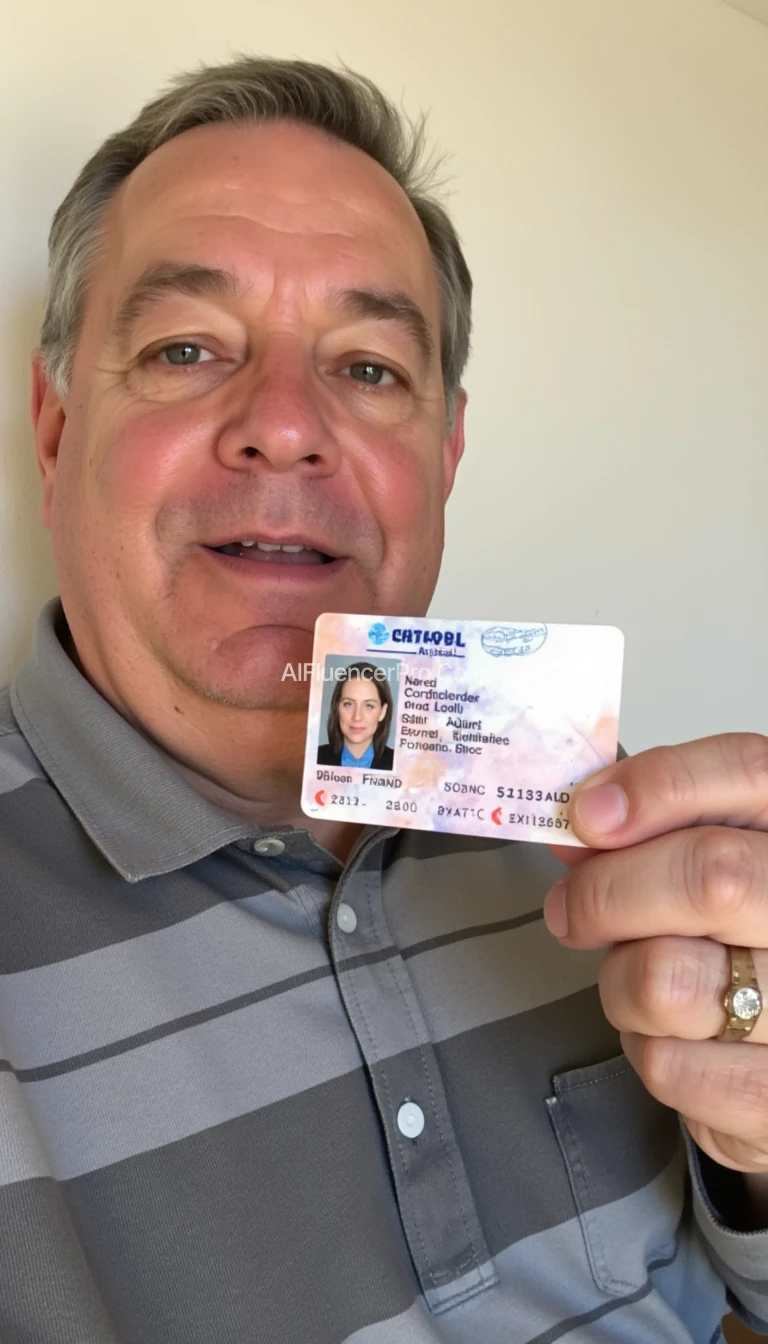 photo of man 58 years old CSTMDL, holding driver license id and piece of white paper behind it, wall background, natural lighting, boring low quality snapchat photo circa 2015, selfie, cute woman 