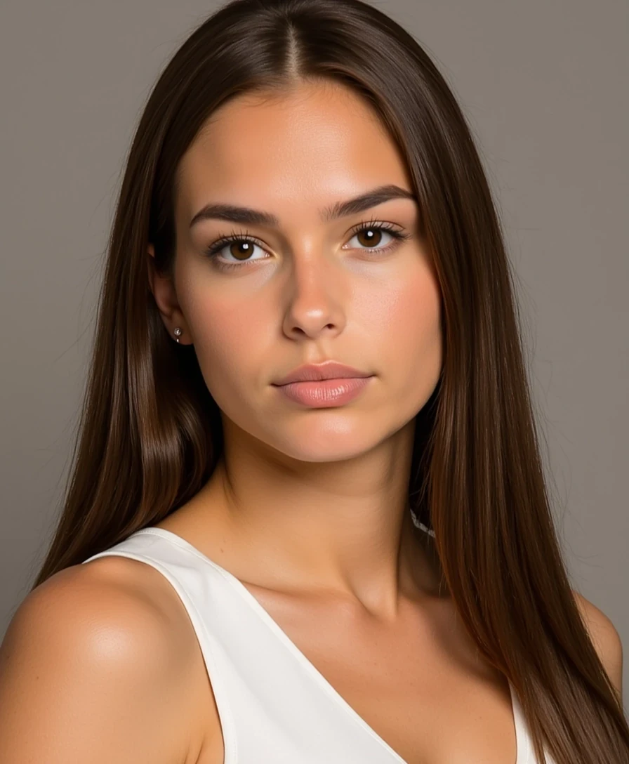 Shot of CSTMDL
Sharp focus on facial features, High dynamic range, 85mm lens look
Big tits.
Body type and measurements:
She is an 18 years old girl. Her hair is long, reaching below the shoulders, with a straight to very slightly wavy texture. It has a healthy, smooth appearance with natural shine and volume. The color is medium to dark brown with subtle warm undertones, and the strands appear moderately thick and uniform in density. The hair is parted slightly off-center or middle in most images, framing the face symmetrically. Eyes are large, almond-shaped, and widely spaced. The irises appear medium to dark brown with a warm, slightly amber tone under natural lighting. Eyelids have a soft natural crease, and the eye area is framed by full, dark lashes and naturally arched brows of medium thickness, which complement the overall symmetry of the face. She has an hourglass figure. Height approximately 64 inches. Bust is full, round, and projected, with an estimated circumference of 36 inches and moderate projection from the chest wall. Underbust estimated at 28 inches, giving a bust-to-waist contrast of about 7 inches. Waist is narrow, strongly cinched, and flat, estimated 24 inches, with a pronounced curve into the hips. Hips are broad and rounded, estimated at 39 inches, with high hip bones and a strong waist-to-hip ratio. Gluteal region is prominent, lifted, and firm, with well-developed curvature extending outward and downward. Thighs are thick and full, estimated at 24 inches at the widest point, with a slight taper toward the knees. Calves are not visible in all photos, but appear balanced with thigh proportions. Abdomen is flat with a bit of fat. Arms are slim with soft definition, estimated upper arm circumference around 9 inches. Shoulders are slightly broad and rounded, creating symmetry with hip width; clavicle line is soft and horizontal. Neck is medium-length and proportionate. Torso is short to medium in vertical length, with the distance from underbust to waist appearing compact. Ribcage is slightly narrow. Legs are long relative to torso, contributing to an elongated lower-body visual impression. Posture appears upright and relaxed, with natural spinal curvature and mild anterior pelvic tilt. Skin surface is smooth and even-toned and lightly tanned.
Scene/Background
The image is taken indoors in a softly lit, intimate space. A tall paper-style floor lamp glows warmly behind her, casting a golden ambient light that adds depth and warmth to the cream-colored walls. The neutral setting feels cozy and intentional, with the soft lighting adding to the overall atmosphere of calm and elegance.

Position
She is seated with her body angled slightly to one side, both arms resting gently across her lap. Her shoulders are relaxed and her head is slightly tilted, creating a flattering line through her posture. Her expression is poised and inviting, with a gentle smile that complements the serene ambiance.

Clothing
She wears a loose, white long-sleeve top that drapes comfortably over her figure, with an off-shoulder neckline revealing a subtle layered white garment underneath. The lightweight fabric and soft fit create a casual yet polished look. A simple gold necklace with a circular pendant adds a touch of elegance without overwhelming the simplicity of the outfit.

Lighting
The warm glow from the lamp behind her provides soft, diffused illumination that wraps gently around her figure. The lighting highlights her features and creates a soft halo around her outline, enhancing the cozy and welcoming tone of the shot.

Vibe
The overall mood is serene and refined, with a quiet confidence. The combination of the warm lighting, soft textures, and composed posture creates an image that feels both intimate and styled. It captures a relaxed moment that’s elegant without effort—subtle, glowing, and self-assured.