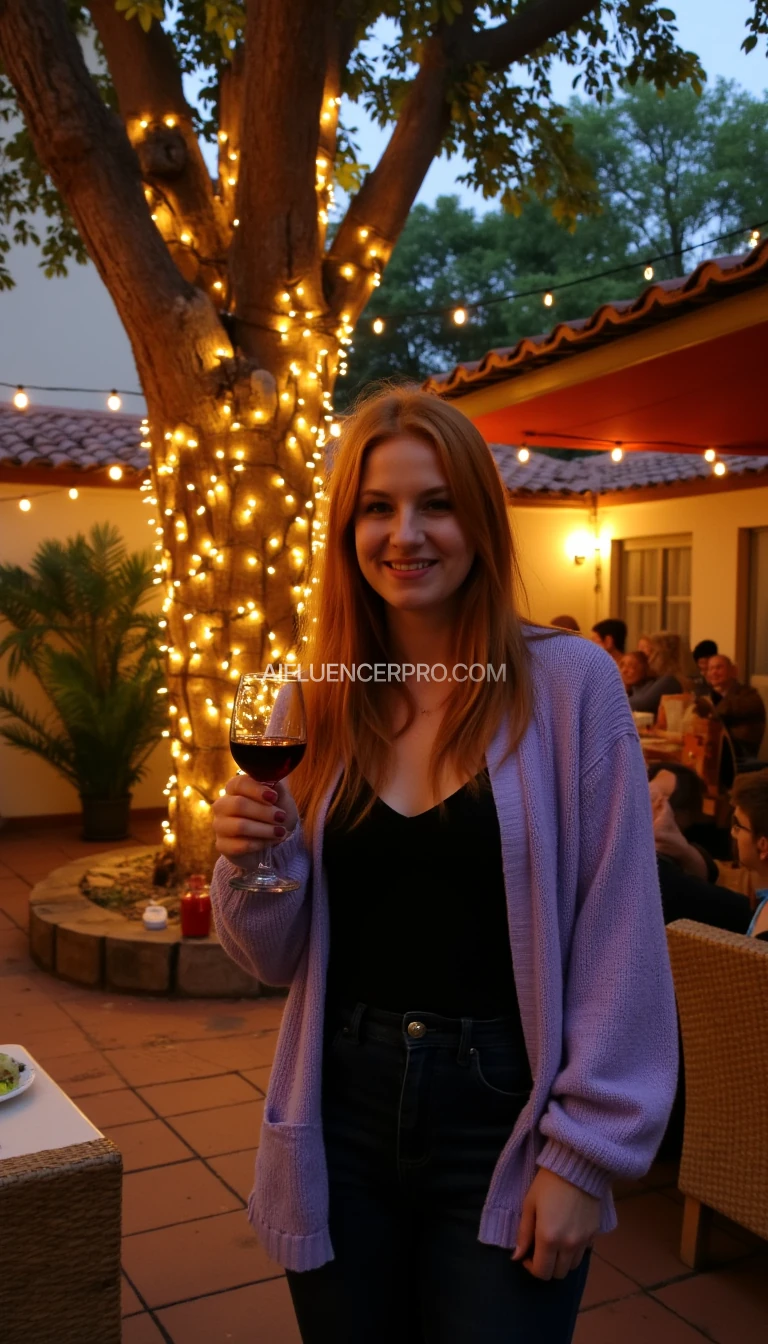 A full body shot photo of a woman standing outdoors at a cozy, warmly lit patio in the evening, with soft, glowing lights wrapped around a tree behind them creating a charming atmosphere. The image is rich in detail, with warm tones and clear textures throughout. The woman has fair skin, a slim build, and long reddish-blonde hair, also worn loose. She is smiling warmly at the camera, holding a glass of red wine in her right hand, and wears a soft-textured lavender cardigan over a black top. The background features a large tree with sparkling string lights wrapped around its trunk and branches, adding a magical touch to the scene. The setting suggests a private outdoor seating area, with elements like terracotta-tiled roofing, greenery, and rattan chairs contributing to a serene, inviting vibe. The overall composition is balanced, with the woman framed against the softly glowing tree, and the lighting enhances the warm, intimate feel of a quiet evening shared among friends. The details are vivid, with textures of clothing, skin, and background elements clearly visible, while the warm lighting creates a relaxed and joyful mood