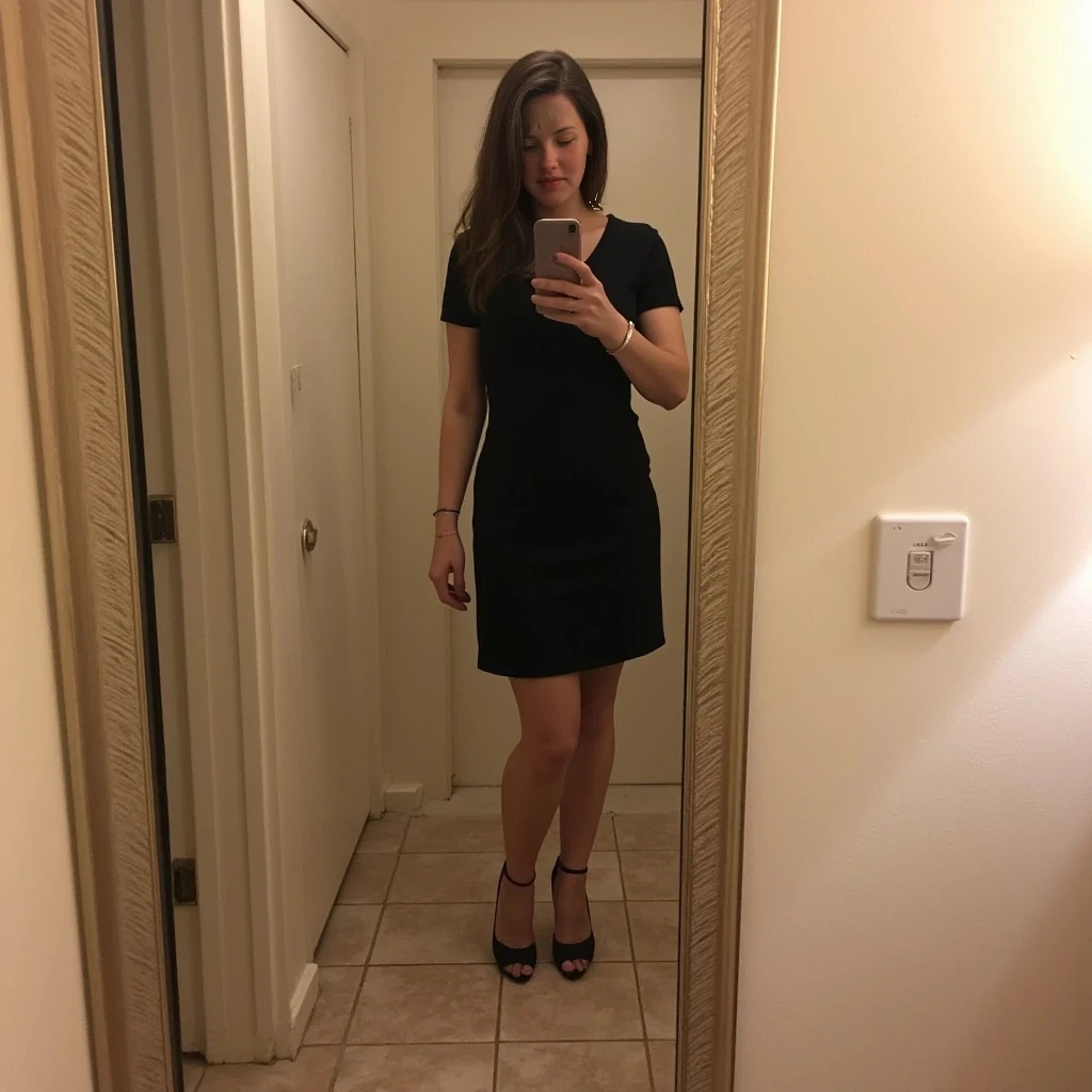 boring low quality snapchat photo circa 2015, cute woman, 35 year old, soft brown hair, full outfit, well rounded, average looking, black tight dress, black high heels