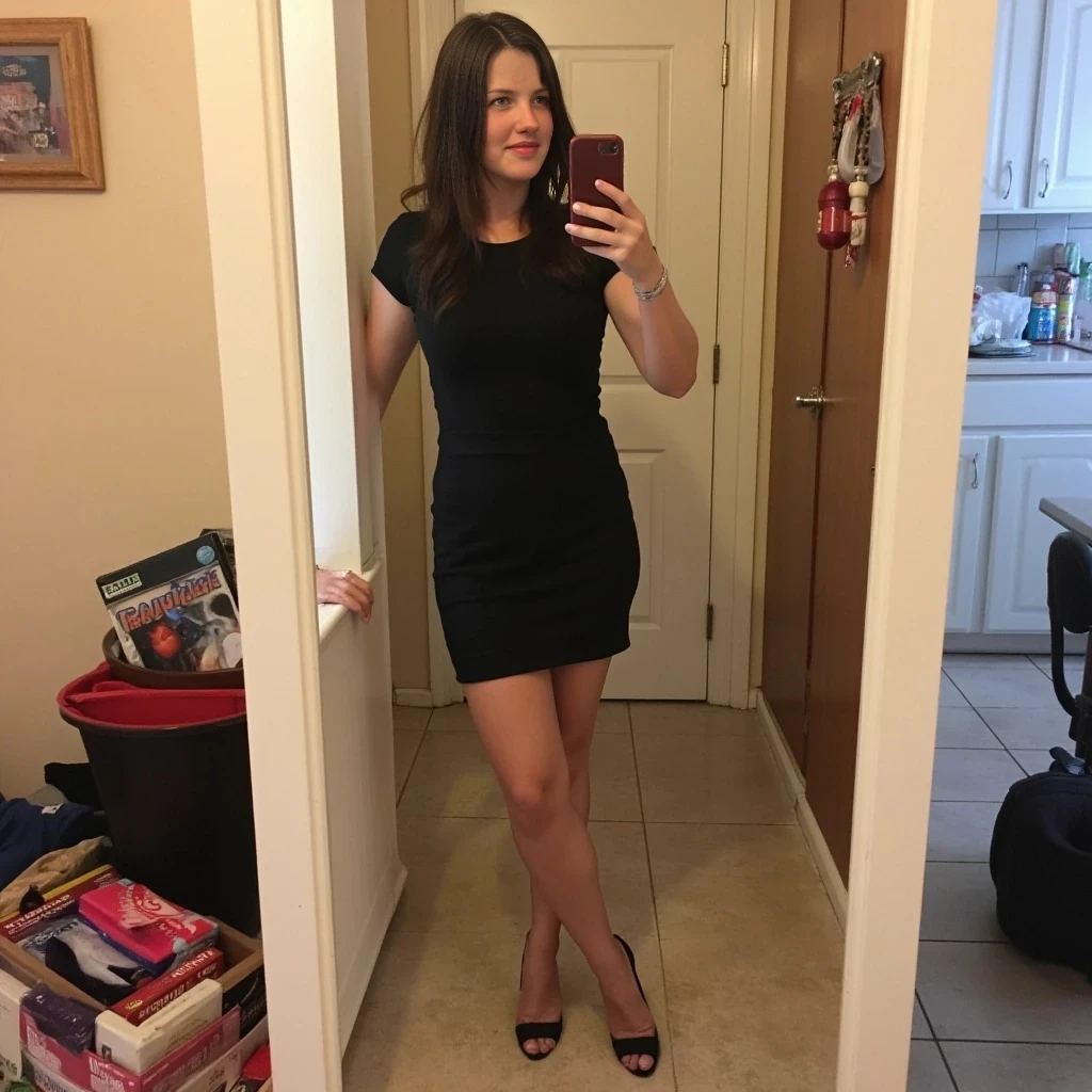 boring low quality snapchat photo circa 2015, cute woman, 35 year old, soft brown hair, full outfit, well rounded, average looking, black tight dress, black high heels