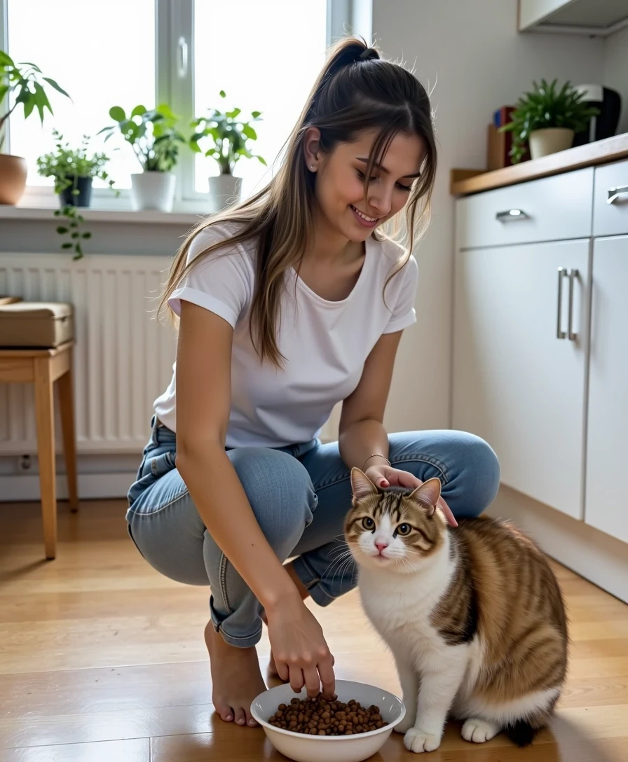 Full body lifestyle photo of a 18-year-old woman CSTMDL with hazelnut eyes, light brown hair in a loose ponytail, fully toned skin, and big full symmetrical lips.she hase big natural D cup boobs under her clothes. She is wearing a casual cozy outfit: light blue jeans and a simple white t-shirt. She is in a modern kitchen, kneeling down with a warm smile while placing a bowl of food for her cat. A fluffy domestic cat is standing near the bowl, looking up at her affectionately. 

The atmosphere is bright, homely, and natural, with soft daylight streaming through a nearby kitchen window, creating gentle highlights on her hair and skin. The background shows clean kitchen counters, plants, and subtle decor, slightly blurred to keep the focus on her interaction with the cat. 

The composition is a full body shot, framed to capture both her and the cat in the scene, emphasizing the warm bond between them. Technical aspects: DSLR 35mm lens look, natural daylight, shallow depth of field with soft bokeh background, sharp focus on her and the cat, HDR, ultra photorealistic, professional photography, highly detailed, 8k high definition, Instagram lifestyle style.
Sharp focus on facial features, High dynamic range, 85mm lens look , 

