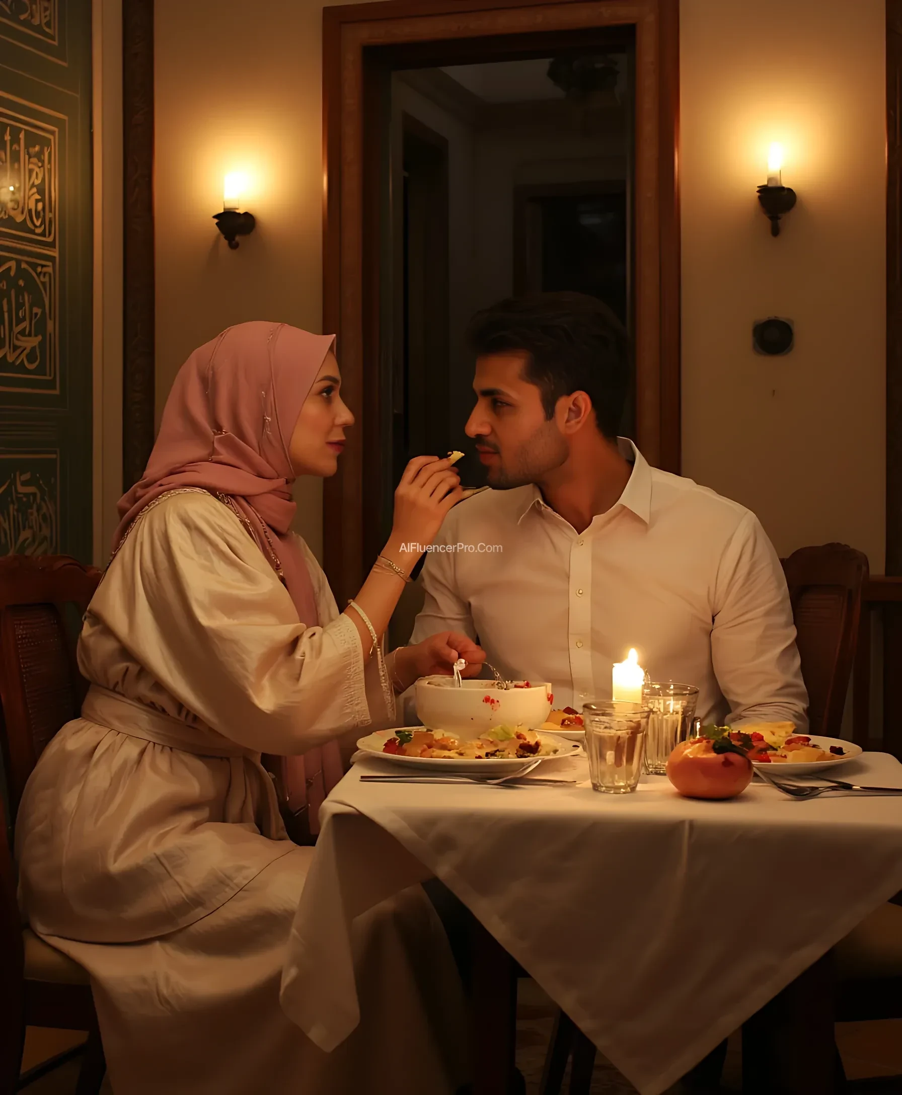 A realistic image of a couple enjoying a romantic dinner in the dining room. The soft candlelight illuminated their affectionate faces. The woman, Captain Marvel, was wearing a soft pastel colored robe and an elegant hijab, and was feeding a man with a gaze full of love. The man wore a white shirt and cloth trousers. The walls of the room are decorated with Arabic calligraphy and carved furniture. Very detailed. Photo-realistic. Sharp focus. HD. 8k