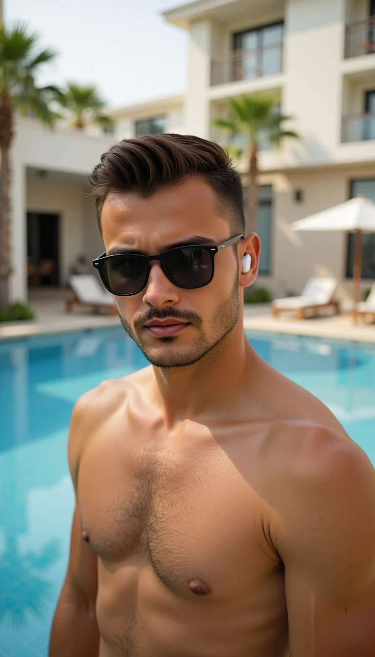 Photorealistic upper body portrait of a young handsome man at a luxury hotel poolside. The shot is from the waist up. He has a fit athletic build, stylish short haircut and light stubble. He is wearing fashionable sunglasses and Apple AirPods Pro in his ears. The man has a serious expression, slightly frowning as he looks toward the camera. Soft natural daylight, cinematic realism, influencer lifestyle aesthetic, ultra-detailed, 8K, photorealistic, detailed body
The photo feels cinematic, influencer-style, high quality, professional composition.
Well lit picture, Style: Photorealistic Lighting: studio lighting 
Details: Bright Lighting, High Detail, 4K
he stand infront of camera , photoghraped by a photograph
