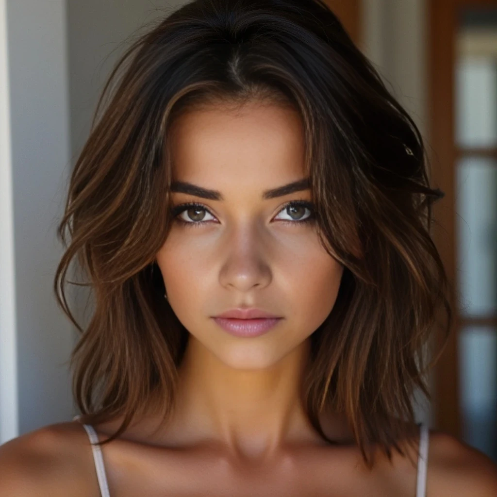 slim thick with brunette hair and light green eyes