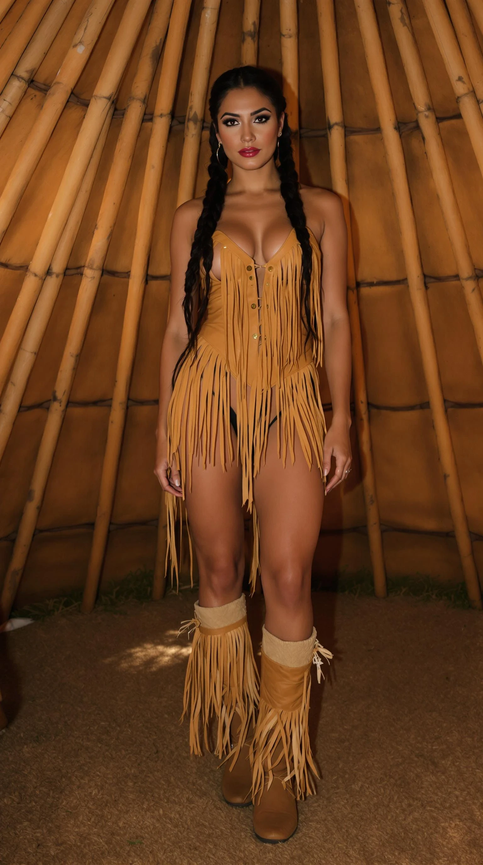 A photograph of a 25-year-old native American woman with long dark braided hair, wearing a sexy tan leather fringed outfit and knee-high matching moccasins, posing inside of a tipi 