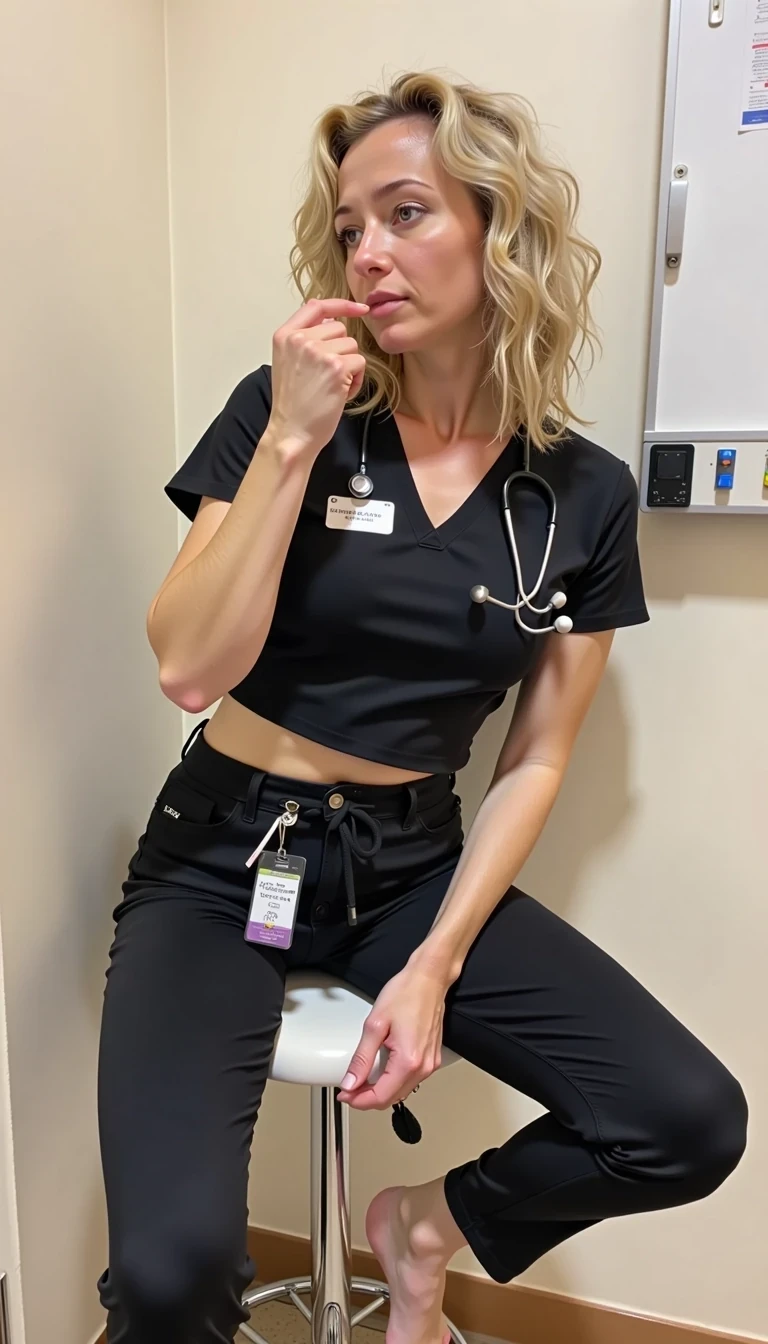 A very sexy mid-30s CSTMDL woman posing indoors in a hospital exam room. She has shoulder length very curly blonde hair and tanned skin. She is thin but athletic and toned. She wears black tight fitting nurse scrubs, with a name tag hanging from her pocket and a stethoscope draped around her neck. Her skin is super realistic. She is seated on a stool with her back arched, playfully pulling on an exam glove. Her facial expression is playful. iPhone portrait. Her body is very sexy. 

