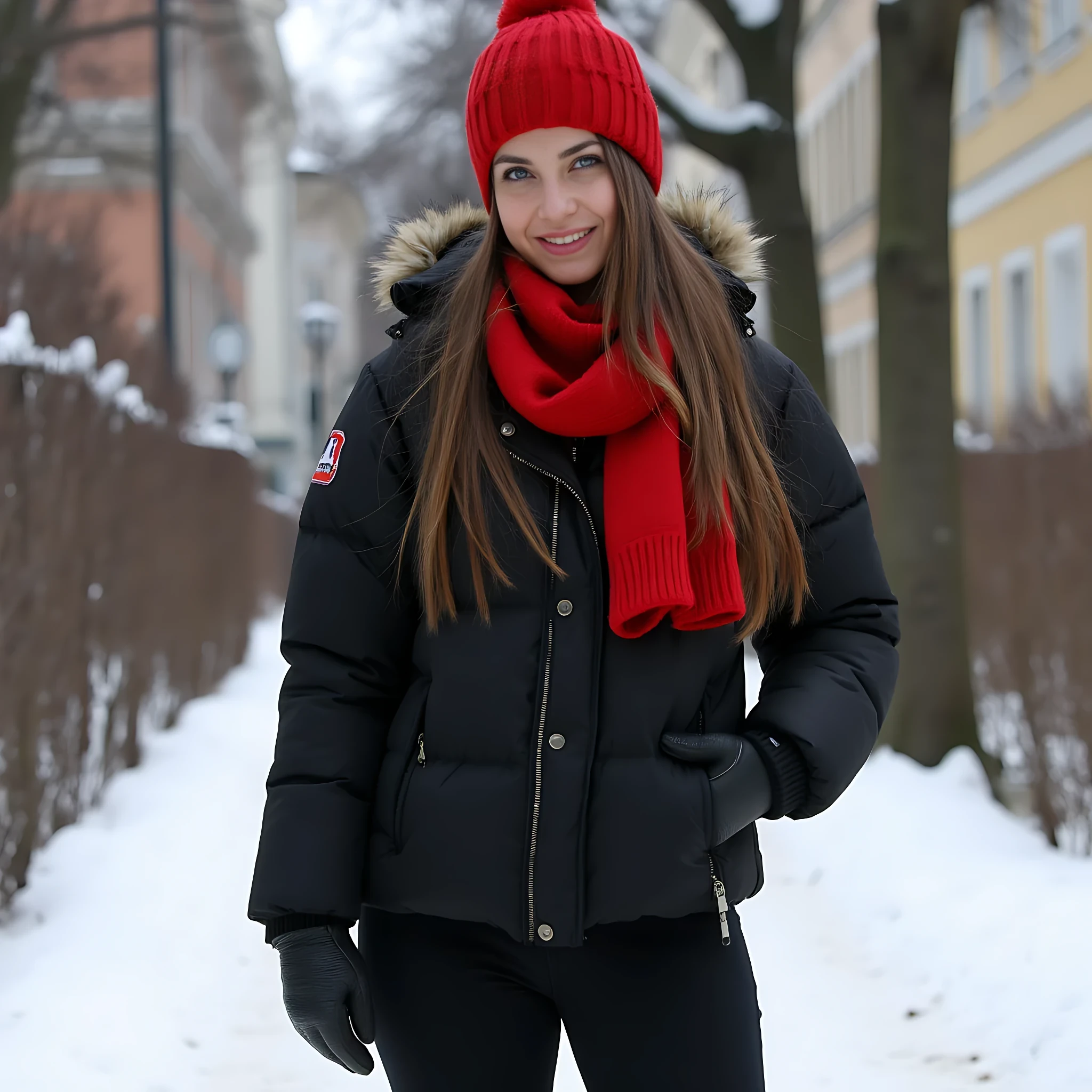 Create an ultra-realistic full body image of a 19 year old Serbian woman with a stunning hourglass figure: slim, curvy, and beautiful, featuring a flat tummy, big hips, and a perfect, perky chest. Her skin is fair, adorned with numerous beauty marks. She stands at 5'9", embodying the epitome of allure and charm with her sharp Slavic facial features. Her captivating baby blue eyes and long, 
 long baby brown hair enhance her mesmerizing presence. Dressed in winter attire, black jacket, black leggings, gloves on hands, and boots, red scarf on neck and head, red scarf wrapped around head russian style, in belgrade, serbia setting outside. she is smiling a lot, Her expression is one of confidence and allure, making her every man's dream girl. Focus on extreme realism, especially in her facial details, white milky skin, no makeup, natural look ,natural breasts
