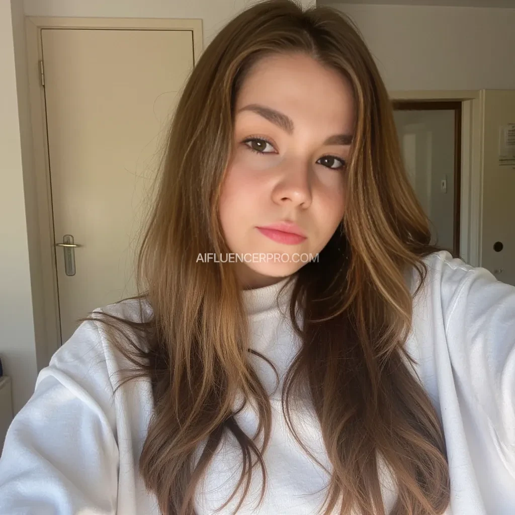 boring low quality snapchat photo circa 2015, cute woman, soft light brown hair, full outfit
