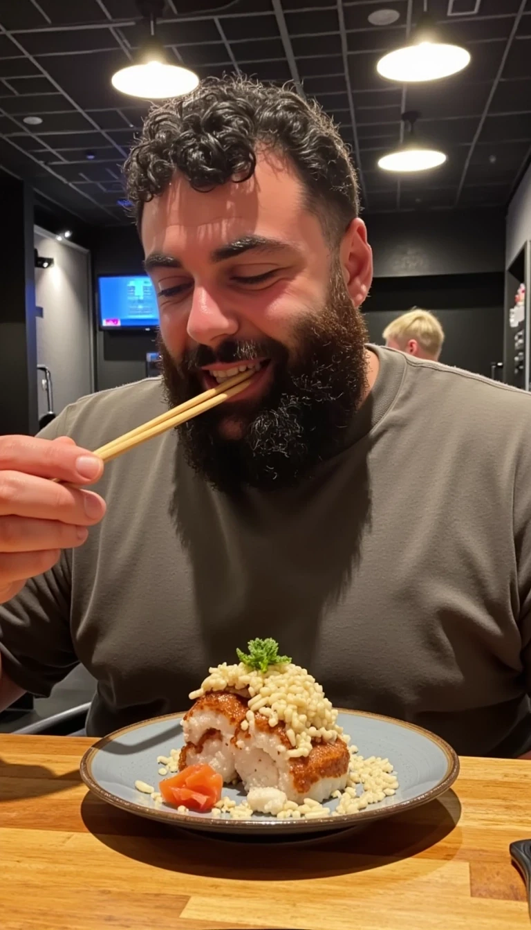 photo of man CSTMDL, fully clothed, eating poop in a very expensive sushi restaurant