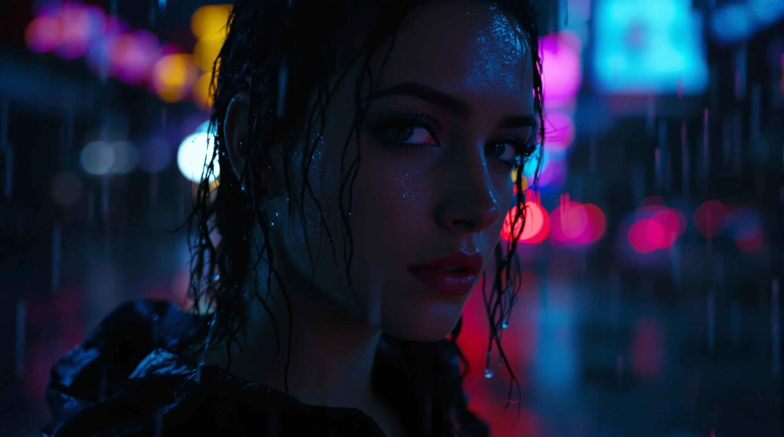 A cinematic, ultra-realistic close-up of a young woman with wet hair and subtle facial piercings, standing in neon-lit rain at night. Deep shadows and moody colors (teal, magenta, dark blue). Urban background with blurred city lights. Expression is serious and intense. Text space on top right. for a youtube video