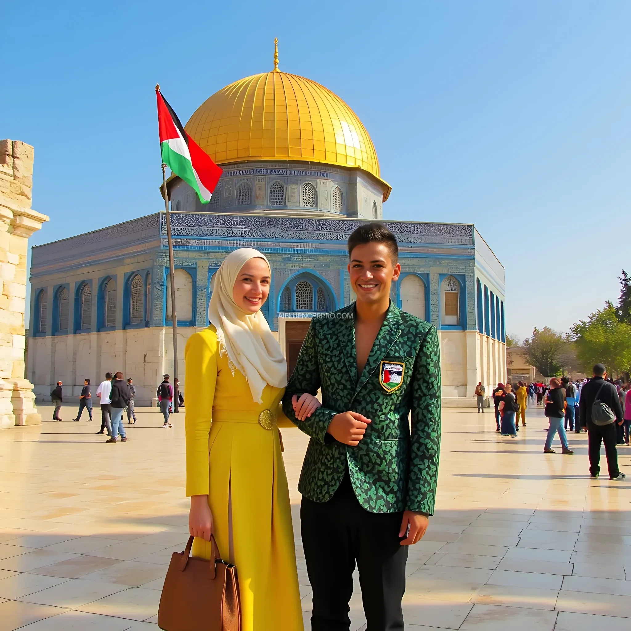 A photorealistic depiction of the front yard of the Palestinian"Yellow Dome" of the "Al Aqso Mosque", with the Palestinian flag flying beside the mosque, and the bright blue sky falling above it, creating soft shadows beneath their feet in the early morning. Wonder Woman stood next to her friend. She has a warm and kind face similar to Gal Gadot, with the iconic "w" logo ("delicately tied on the forehead"), smiling broadly, wearing a long, bright Margarita-colored "Muslimah gamis", with a wide cream hijab. Covering his head and chest, next to him was a young "Indonesian man" with a cheerful expression wearing poppy colored "Batik" clothes covered by a green blazer that read "Save Palestine" with striking black trousers. Overall the scene is romantic and cinematic, and there is a sense of connection between the two characters. Very realistic photo. Very detailed. Sharp focus. HD. 32K