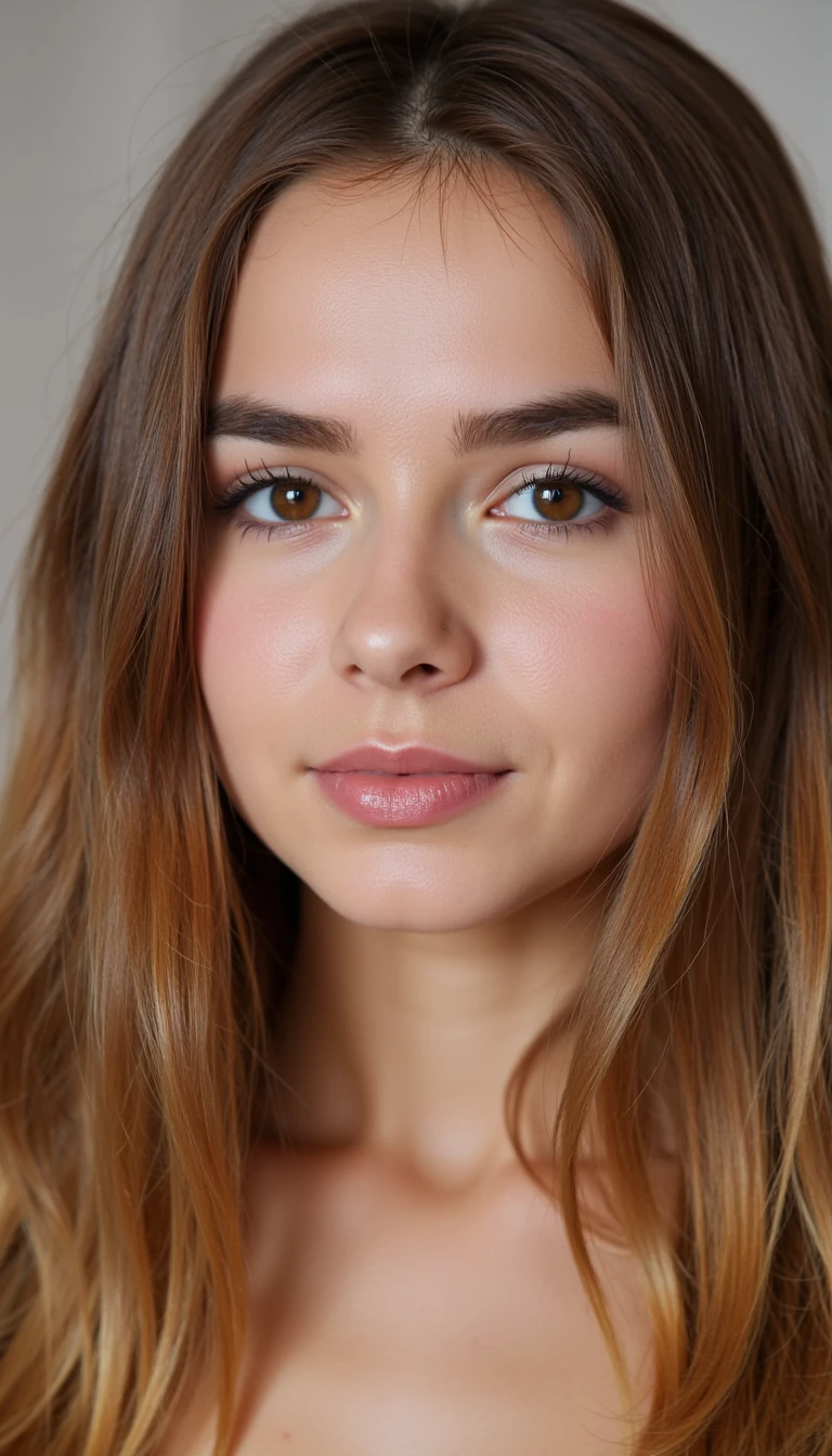 A young female with a soft, oval-shaped face and warm, light golden skin tone. Her facial features are youthful and harmonious, with smooth cheeks, a gently rounded chin, and a subtle jawline. Her natural complexion has a healthy, sun-kissed glow, with a faint pink blush across the upper cheeks and a soft matte finish.

Her eyes are large, round, and set wide apart. They are a warm medium brown with a soft, reflective quality and dark outer rims. Her eyelids have a delicate crease, and her lower lash line is clean and subtle. Her lashes are natural and moderately long, giving her eyes a gentle, innocent expression. Her eyebrows are medium in thickness with a gentle arch, brushed neatly and naturally tapering toward the tail. Their color matches her hair, creating a cohesive look.

Her lips are naturally full with a smooth, soft shape. The upper lip has a delicate cupid’s bow, while the lower lip is round and gently plump. Her lip color is a muted rose pink, enhancing her natural tone without looking overdone.

Her hair is long, healthy, and voluminous, styled in loose, flowing waves. The color is a medium golden brown with subtle honey-blonde highlights that frame her face. The texture is soft and smooth, with a natural shine that catches the light. Her hair is parted slightly off-center, with layers that add depth and movement as it cascades gently past her shoulders.

The lighting is soft and neutral, providing even illumination across her face and enhancing the gentle warmth of her features. Her expression is calm and self-assured, with a natural, effortless beauty.