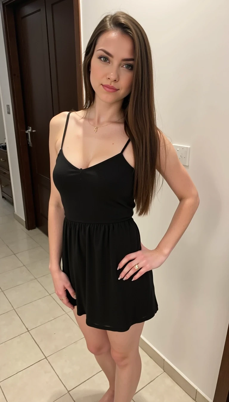 CSTMDL, 1girl, solo, long hair, breasts, looking at viewer, smile, brown hair, dress, brown eyes, cleavage, bare shoulders, closed mouth, standing, collarbone, thighs, sleeveless, indoors, black dress, lips, head tilt, fingernails, hand on hip, legs, no bra, bare arms, bare legs, makeup, sleeveless dress, short dress, lipstick, crossed legs, breasts apart, straight hair, arm at side, legs together, nose, photo (medium), spaghetti strap, tiles, eyeliner, tile floor, knees, floor, fingers, sheer legwear