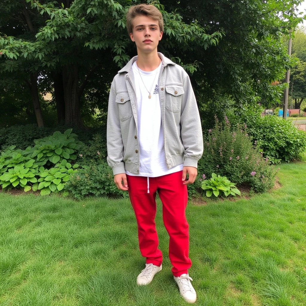 boring low quality snapchat photo circa 2015, cute young man, full outfit, in the garden