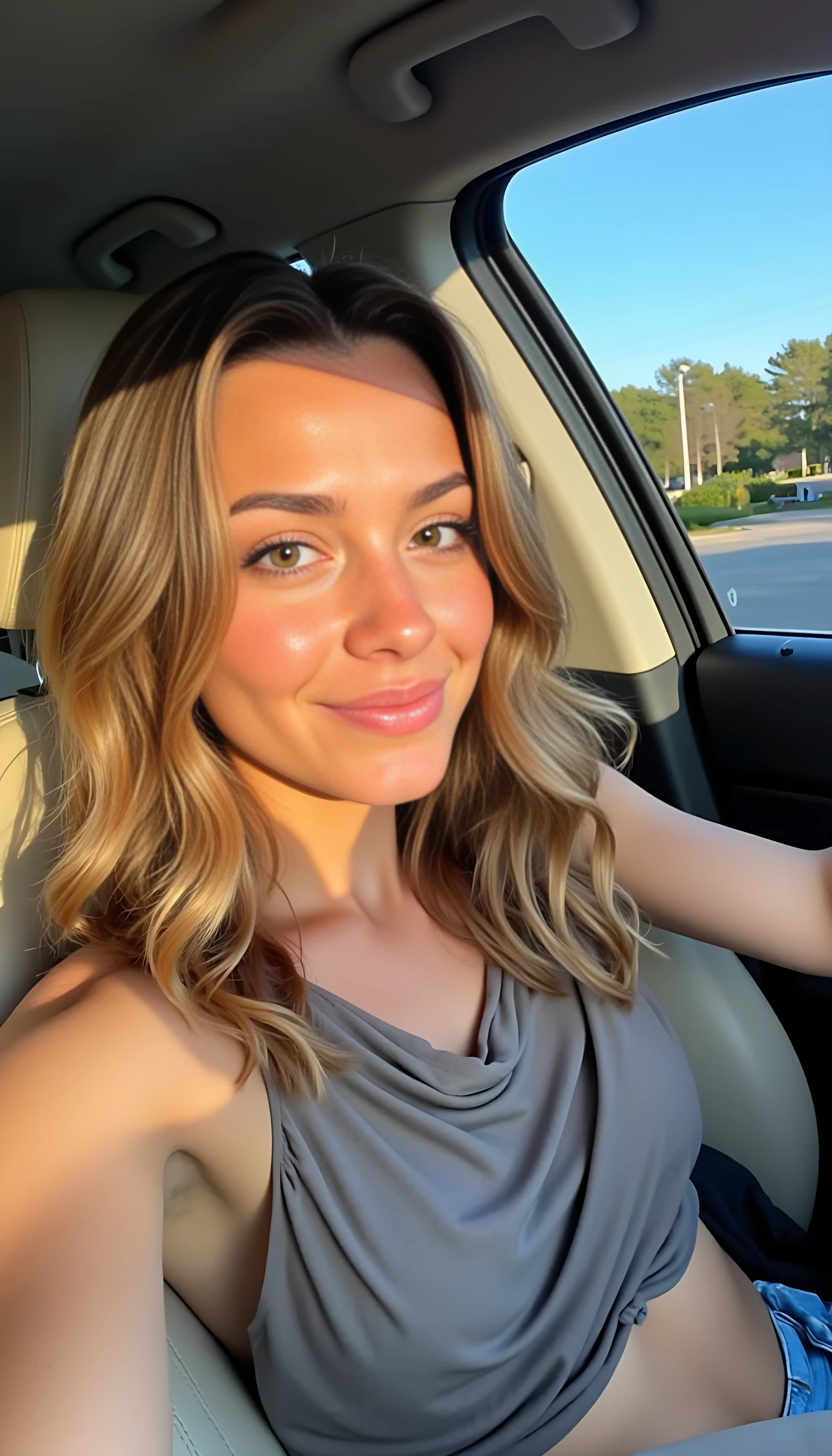  boring low quality snapchat photo circa 2015, CSTMDL  with a warm smile, sitting in the driver's seat of a cozy car. She has soft, wavy brown hair cascading past her shoulders. The sunlight streams through the window, casting a gentle glow on her face. The interior of the car is neat and comfortable, with a coffee cup in the cup holder and a small plant on the dashboard. The background outside the window shows a scenic road lined with trees and blue skies