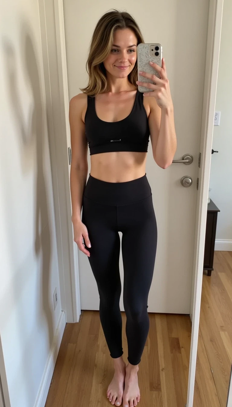 Full body selfie taken from above showing her entire active outfit. The top should be sportsbra style pushing up her breats and leggings on the bottom. Bare feat. 