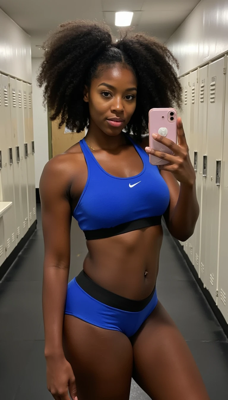 A young, beautiful fit black woman in her early 20's taking a mirror picture in a locker room gym. She has a large, black, curly ponytail with a blue Nike workout outfit on. Thick in the thighs and hips as well