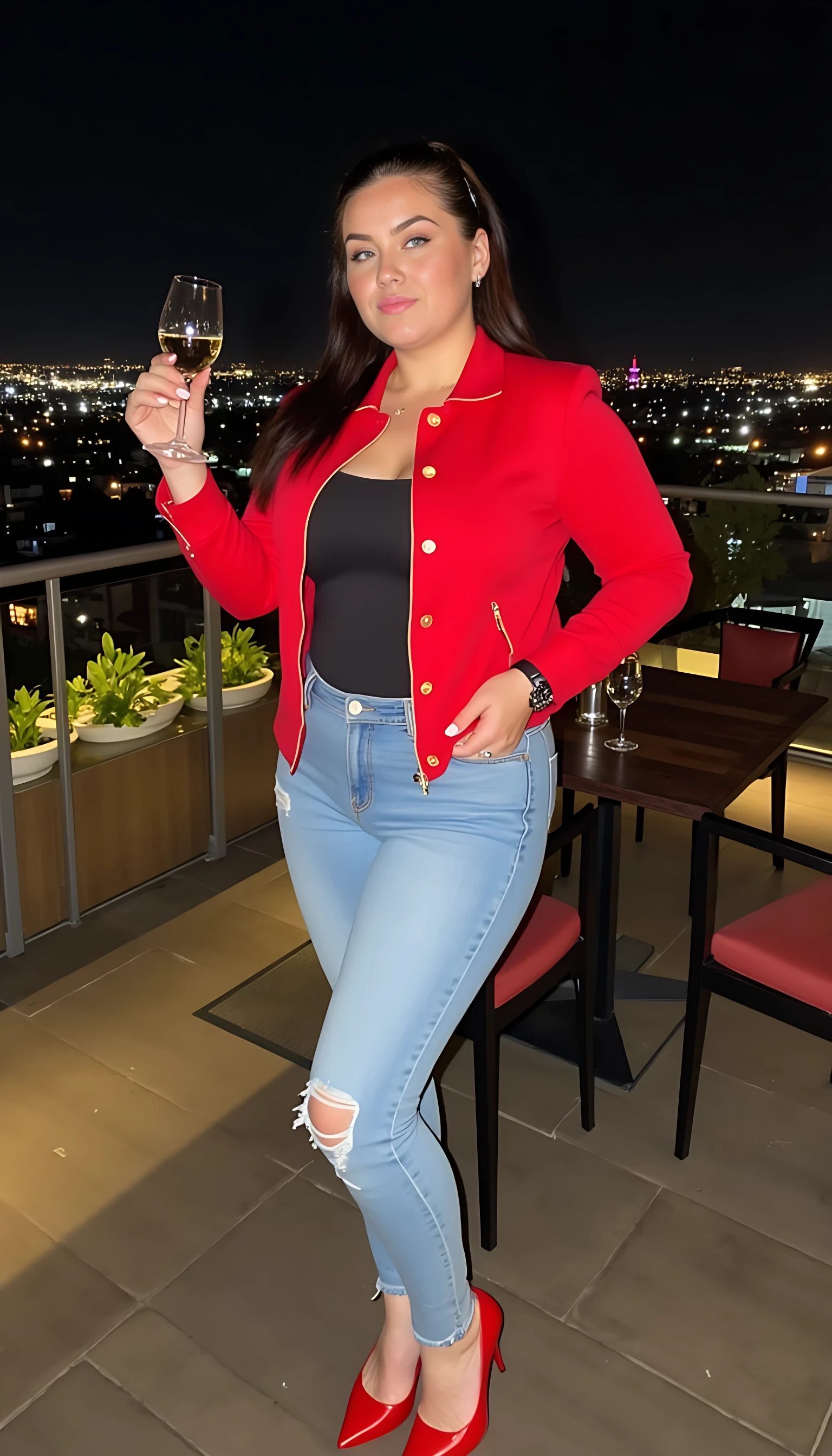  CSTMDL women curby body  blue eyes wearing light blue jeans and  red Ferrari jacket and Black undershirt red high heels wearing a rolex watch standing  smiling on a nice rooftop restaurant  with a glass of wine  night light background 