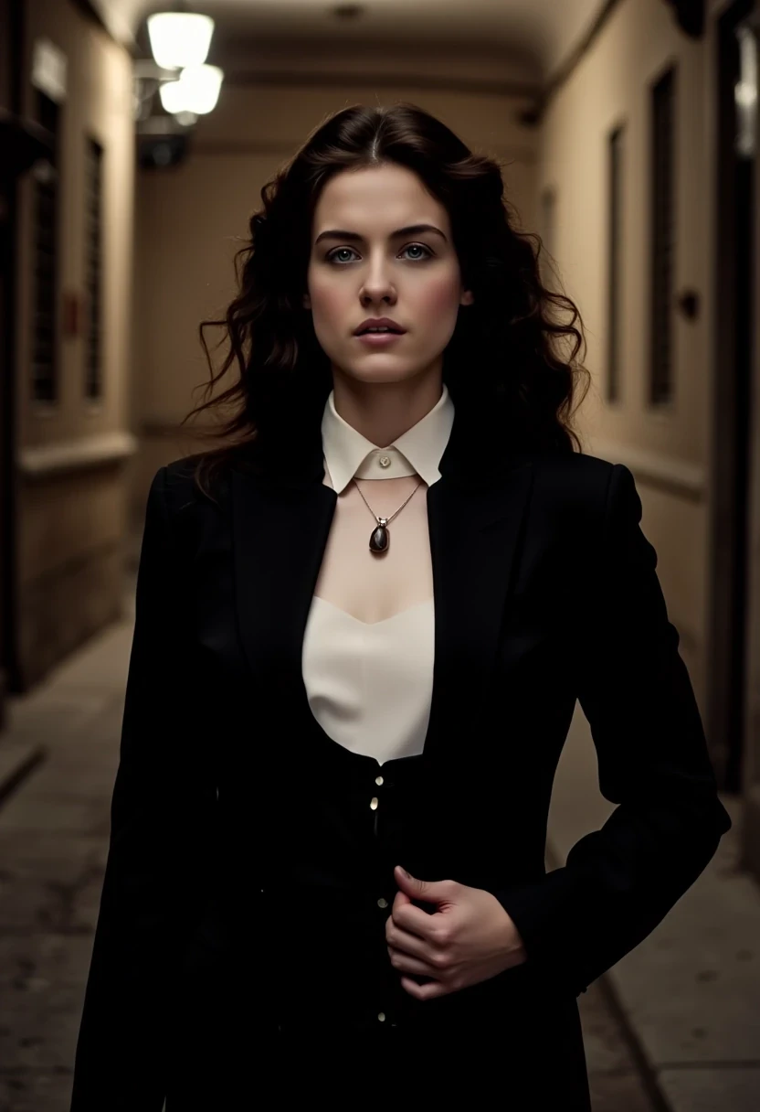 Woman CSTMDL, brunette, blue eyes, her hair are loose, she’s beautiful with a cold smile, wearing a tailored haute couture set, black blazer and skirt, elegant and modern, but very (sexy). She also wears a white shirt under the blazer. Her clothes molds her sculptural body. Her expression is haughty and contemptuous. She looks like someone cold and unfriendly. Her skin tone is very white, (pallid), almost cadaveric. She’s wearing a small pendant. She walks with grace, like a model. The background is a small deserted Parisian alley by (night). The light is very low, making the scene a bit worrying and frightening.