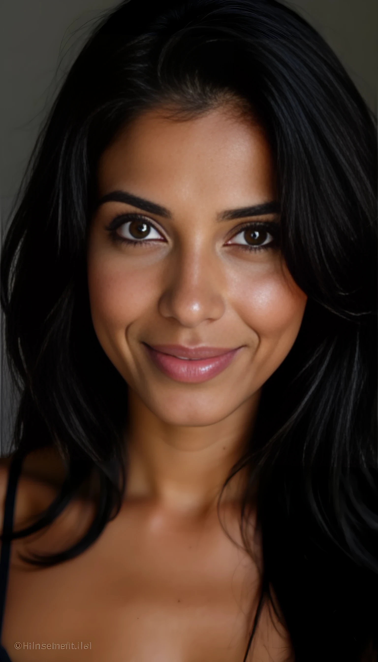 A portrait photo of a beautiful 43 years old model, mixed ethnicity of half white American half Brazilian, with jet black hair, deep brown eyes, ultra detailed eyes with sharp iris reflections, slight smile, studio-quality, extremely realistic HD