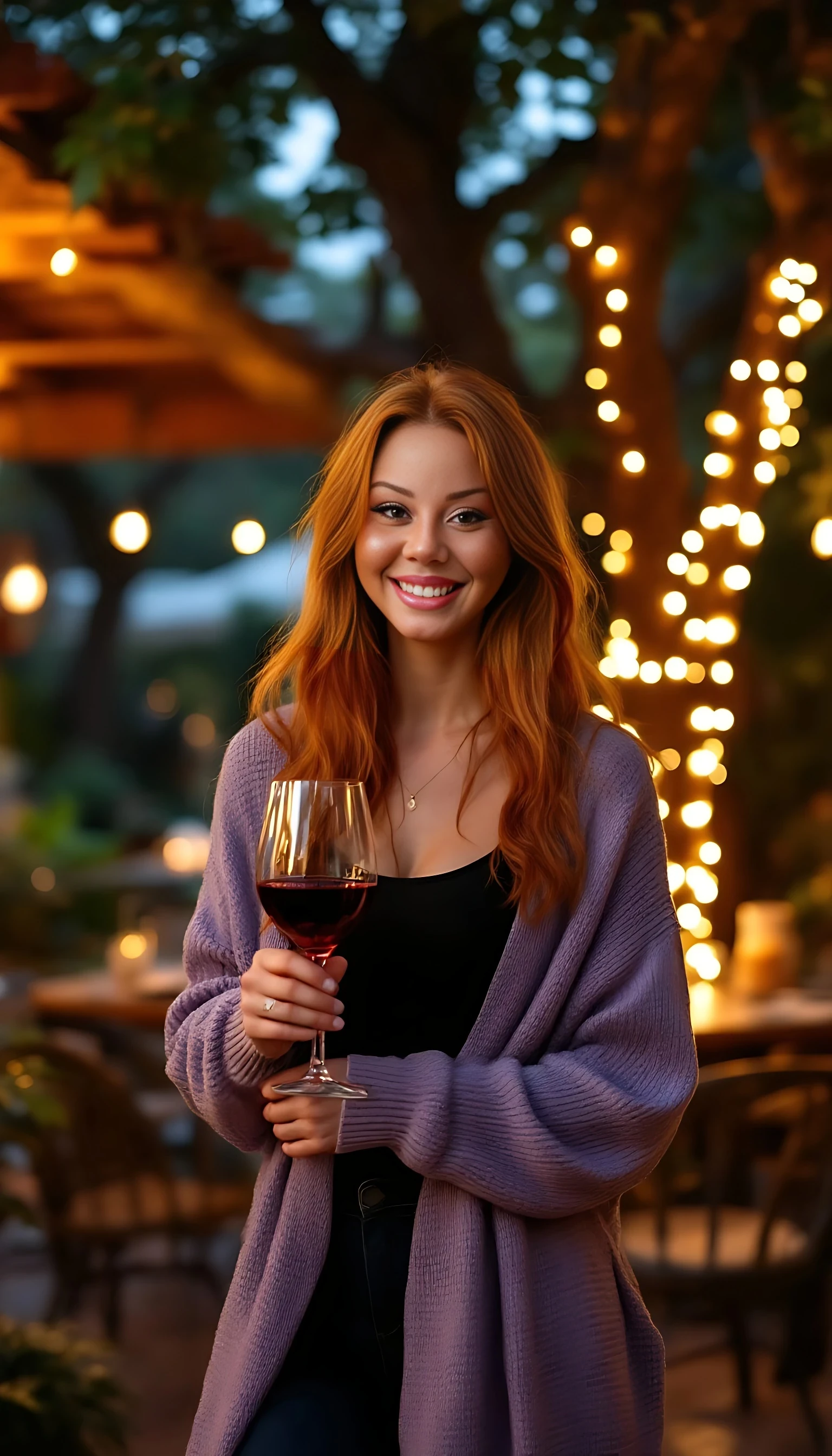 A full body shot photo of a woman standing outdoors at a cozy, warmly lit patio in the evening, with soft, glowing lights wrapped around a tree behind them creating a charming atmosphere. The image is rich in detail, with warm tones and clear textures throughout. The woman has fair skin, a slim build, and long reddish-blonde hair, also worn loose. She is smiling warmly at the camera, holding a glass of red wine in her right hand, and wears a soft-textured lavender cardigan over a black top. The background features a large tree with sparkling string lights wrapped around its trunk and branches, adding a magical touch to the scene. The setting suggests a private outdoor seating area, with elements like terracotta-tiled roofing, greenery, and rattan chairs contributing to a serene, inviting vibe. The overall composition is balanced, with the woman framed against the softly glowing tree, and the lighting enhances the warm, intimate feel of a quiet evening shared among friends. The details are vivid, with textures of clothing, skin, and background elements clearly visible, while the warm lighting creates a relaxed and joyful mood
