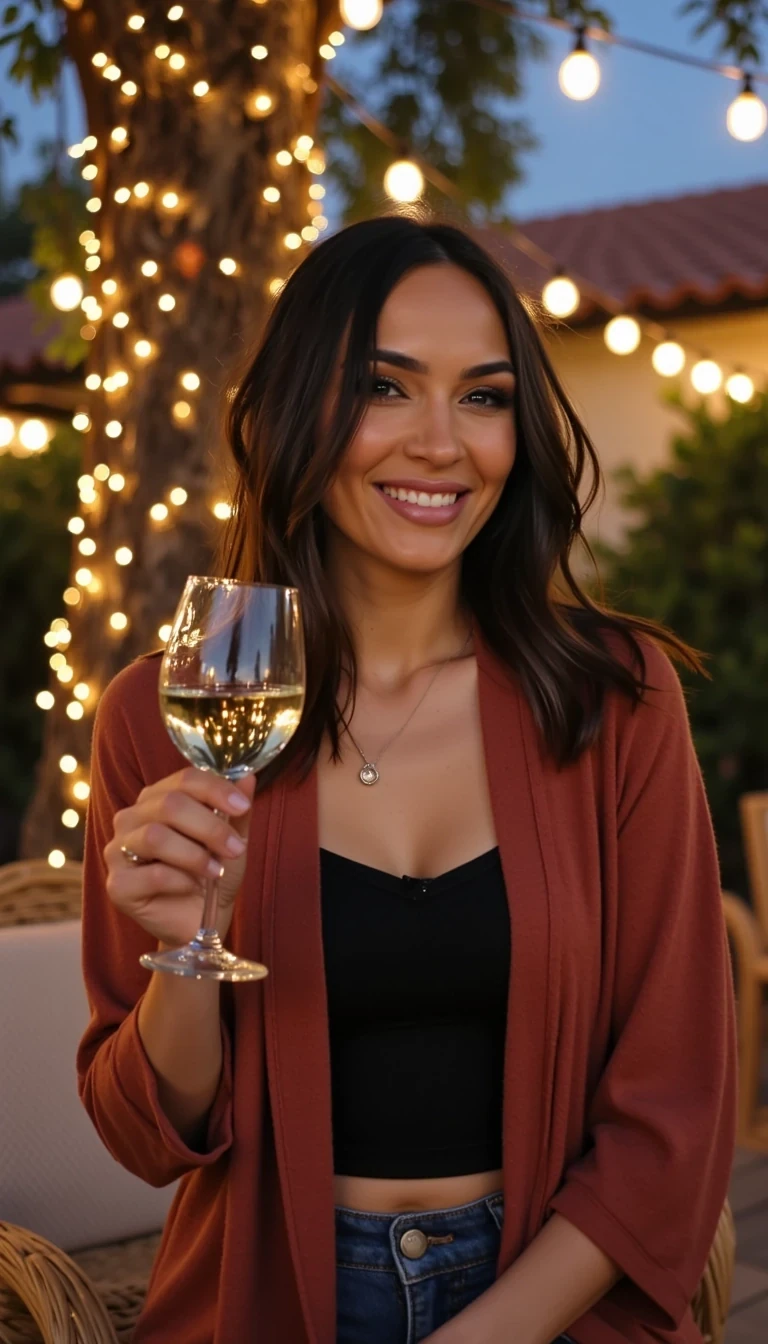 A full body shot photo Dana. She is smiling warmly at the camera, holding a glass of white wine in her right hand, and wears a soft-textured reddish cardigan over a black top. The background features a large tree with sparkling string lights wrapped around its trunk and branches, adding a magical touch to the scene. The setting suggests a private outdoor seating area, with elements like terracotta-tiled roofing, greenery, and rattan chairs contributing to a serene, inviting vibe. The overall composition is balanced, with the woman framed against the softly glowing tree, and the lighting enhances the warm, intimate feel of a quiet evening shared among friends. The details are vivid, with textures of clothing, skin, and background elements clearly visible, while the warm lighting creates a relaxed and joyful mood