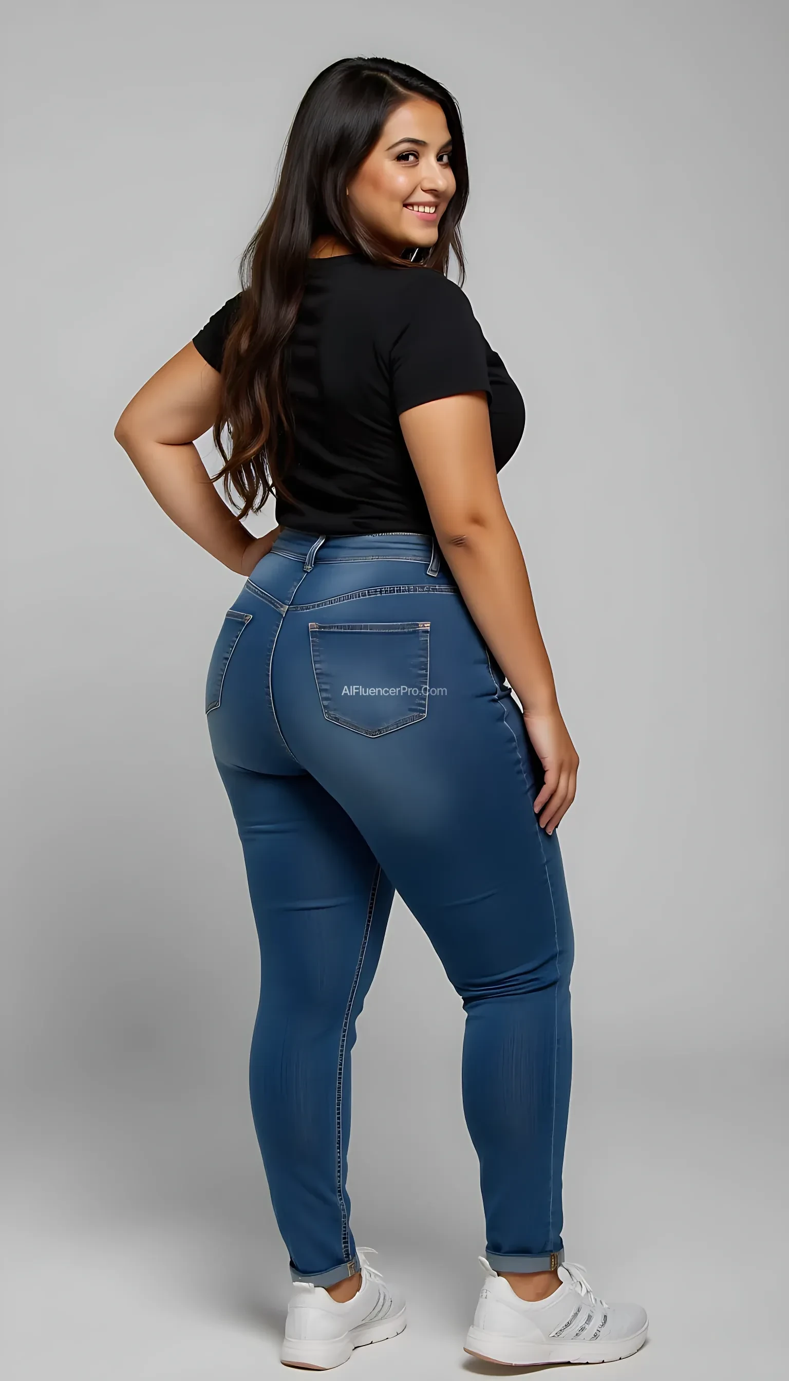 1 woman,backview,standing,wearing a tight sports t-shirt and tight blue jean pants showing us her smile and thick curvy bubble booty
