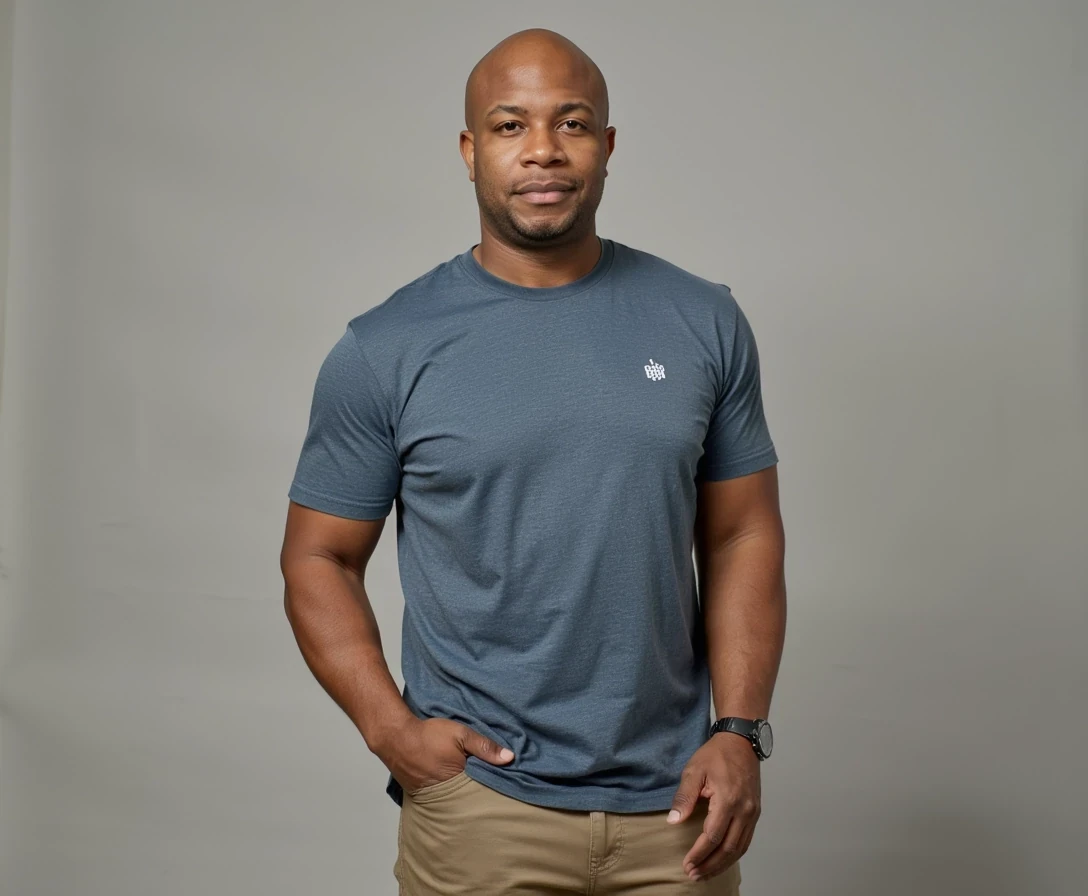 CEO , t shirt and khakis,  same face of Carter with bald head, lean look, cstmdl