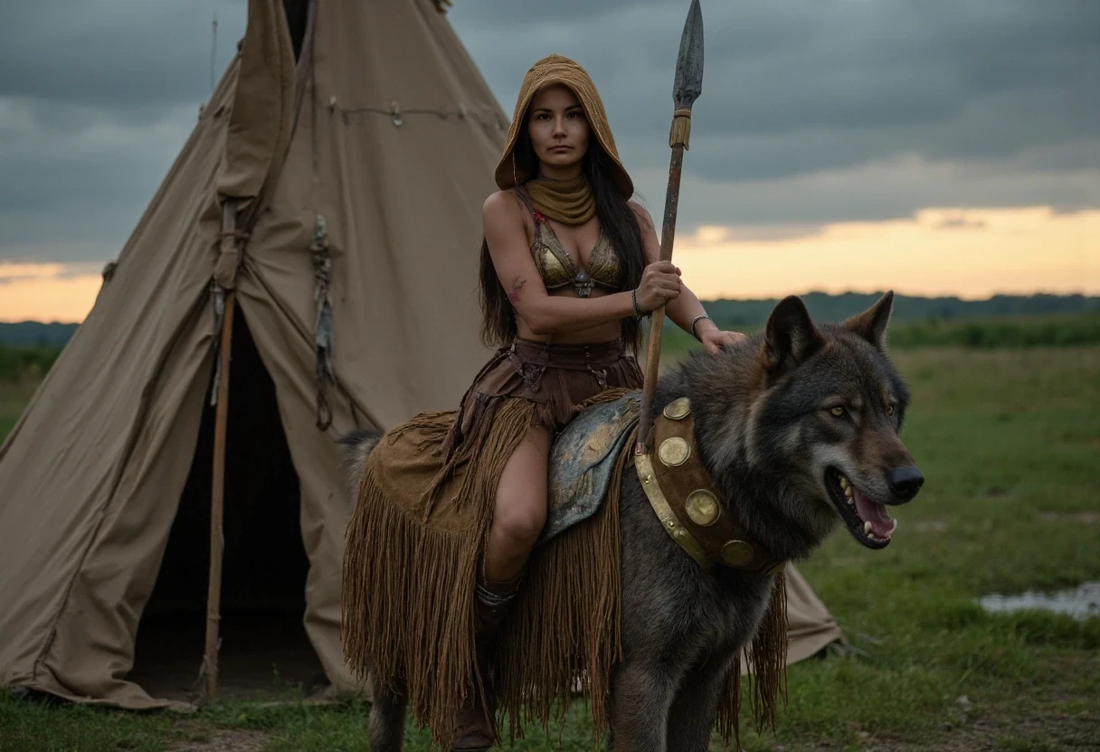 Medium shot photo of a beautiful, 5 foot 8 inch tall, 25-year-old native American woman  warrior posing stoically in front of a large native American plains style tipi. Set under dim natural sunrise light. The sun has barely begun to peek over the horizon. The image has a dull color palette, with the greenery of the ground around the tipi being dark green and browns cast with shadows and dull gray sky meets the sunrise on the horizon enhancing the moody atmosphere. The woman, who is Native American in appearance, has a slender athletic build and petite tiny A-cup almost flat breasts. She is wearing a top that consists of two real snapping turtle shells shaped like turtle shells with a defined rigid esthetic exterior on the surface in a dark green palette, a turtle shell fitted over each breast, they only cover her nipples, her turtle shells are strung together only in the middle of her chest there are no strings on her shoulders to turn them both into a bra. They look rigid and tough. They are real turtle shells. She is wearing a golden smoked hide leather cowl that is yellow in color around her collar bone area that has a hood attached to it, she is wearing the the hood up and on her head. She is wearing a thick wide dark leather choker around her neck. She is wearing a smoked hide leather thong panties that are golden smoked hide yellow in color. She is wearing dark brown heavy leather vambraces with shiny brass plating on her forearms that go all  the way up to below her elbow and matching leather shinguards with shiny brass plating that go all the way up to below her knees. She is wearing a dark brown, thick, wide, leather kidney belt with circle disc brass plates as wide as the belt riveted around it's exterior from which a very short golden smoked hide leather fringe breechcloth is fitted to that is yellow in color. The fringe is so widely spaced so that you can still see what is underneath it, it drapes loosely overtop of her panties and down to just below her panties in length. It is widely spaced fringed you can still see her entire turtle shell bra and leather panties. She is wearing ankle height smoked leather moccasins on her feet that are yellow in color. Her outfit is adorned with shiny brass plating in various places throughout it. Her hair is Native American styled with 2 long braids with brass beads tied into them are hanging from out of her raised hood. She is a fierce sight, a confident capable warrior. She is riding on top of the back of a very large mighty dark Grey wolf. The wolf is so large it is stands twelve feet tall. The wolf has very long wavy fur and is wearing armor that matches it's rider on it's legs, neck, back, and face. There is a large amount of red warpaint on the wolf's chest and head. The wolf is snarling towards something off screen. The woman has her legs up, gripping the hind quarters of the large wolf and she is gripping onto the wolf's long fur near it's neck with her left hand. In her right hand is a steel spear with a small spear tip and long shaft which her hand is gripping. She is pointing the spear tip at the camera. The wolf is aggressive, standing standoffishly, ready to fight. The woman's panties are visible under her fringe breechcloth. The woman is looking directly at the camera stoically without any other expression. She has red warpaint streaked in one straight line along her cheekbones. There is no explicit nudity visible. Cinematic shooting style natural sunrise lighting. Romantic setting
