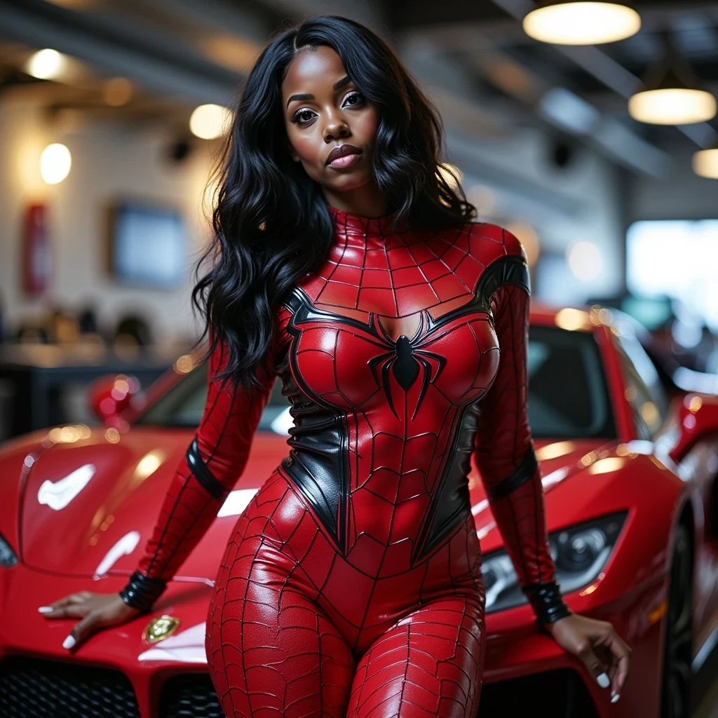 photo of her in a glossy red and black Spider-Man inspired bodysuit, ultra-tight and shiny latex texture that highlights her curves, garage lighting with hexagon ceiling lights, posing confidently leaning on a luxury sports car, cinematic neon reflections, seductive cosplay vibe, bold sexy superhero aesthetic, CSTMDL

Shot as if on a Canon EOS R5 with a 50mm f/1.2L lens, ISO 100, f/2.8, 1/125 shutter speed, enhanced by natural daylight and a softbox for glowing, lifelike lighting.

She has deep brown almond-shaped eyes and long, wavy black hair flowing over her shoulders styled in light ringlet curls. Her figure is curvy and feminine, with a confident presence. She has large breasts and a big butt. Her fingernails feature a LONG-length squared white French manicure, and her toenails are polished in a matching French pedicure.